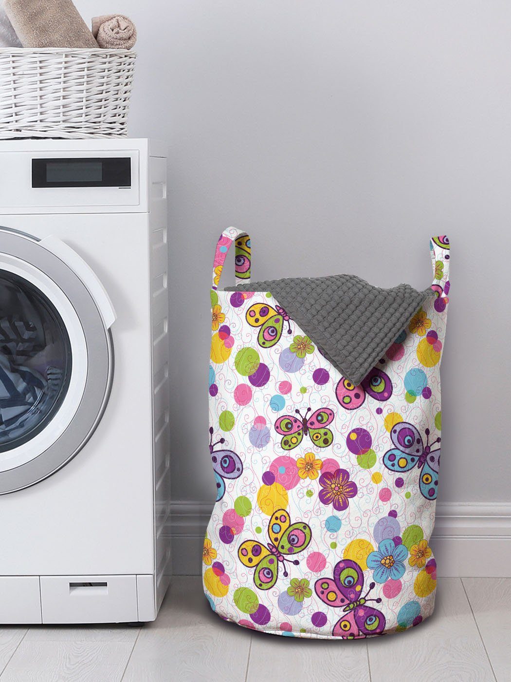 Abakuhaus Wäschesäckchen Wäschekorb mit Griffen für Flora Dots Waschsalons, Leuchtende Schmetterling Kordelzugverschluss