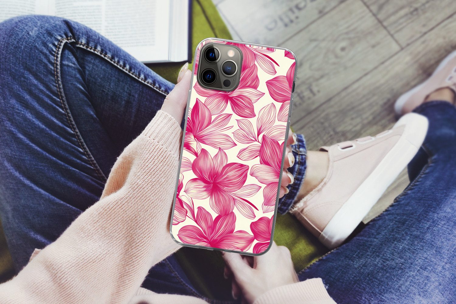 MuchoWow Handyhülle für Apple iPhone 13 Pro Blumen - Muster - Rosa - Weiß, Smartphone-Bumper, Print, Handy Schutzhülle Dünn