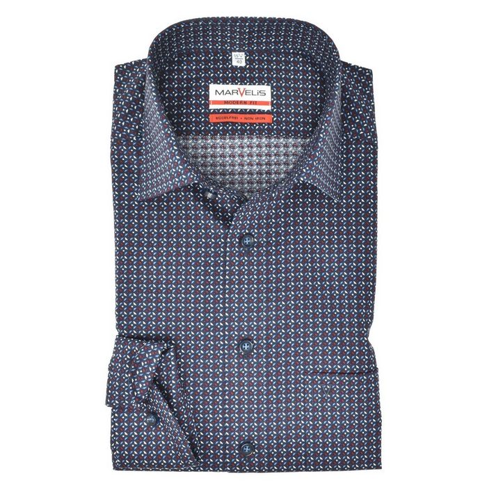 MARVELIS Businesshemd Businesshemd - Modern Fit - Langarm - Muster - Bordeaux/Blau