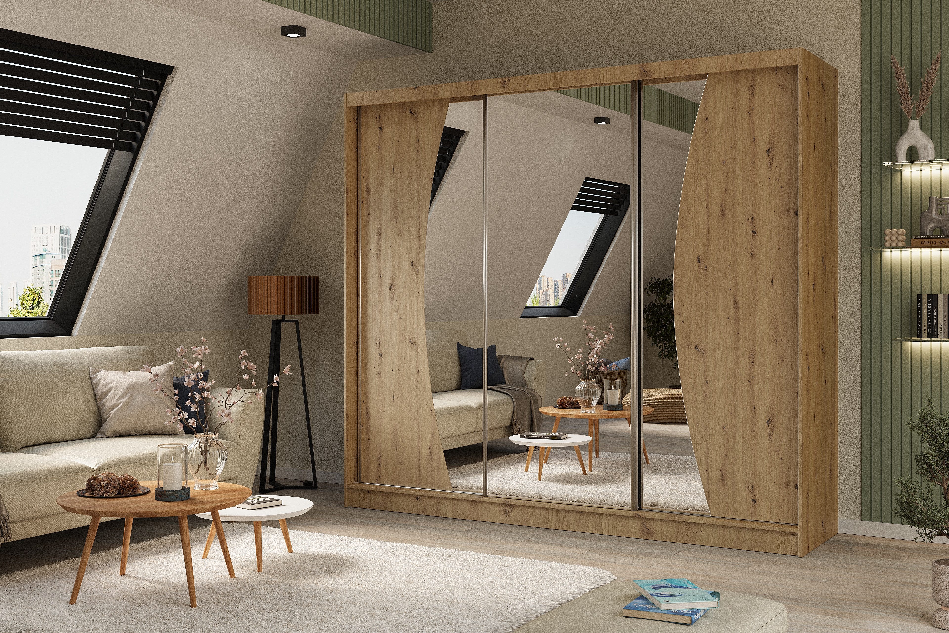 ALTDECOR Schiebetürenschrank VOXI (Kleiderschrank Garderobenschrank mit viel Stauraum Moderner Schrank) Spiegel Spiegeltüren Vielseitiger Schwebetürenschrank LED Beleuchtung