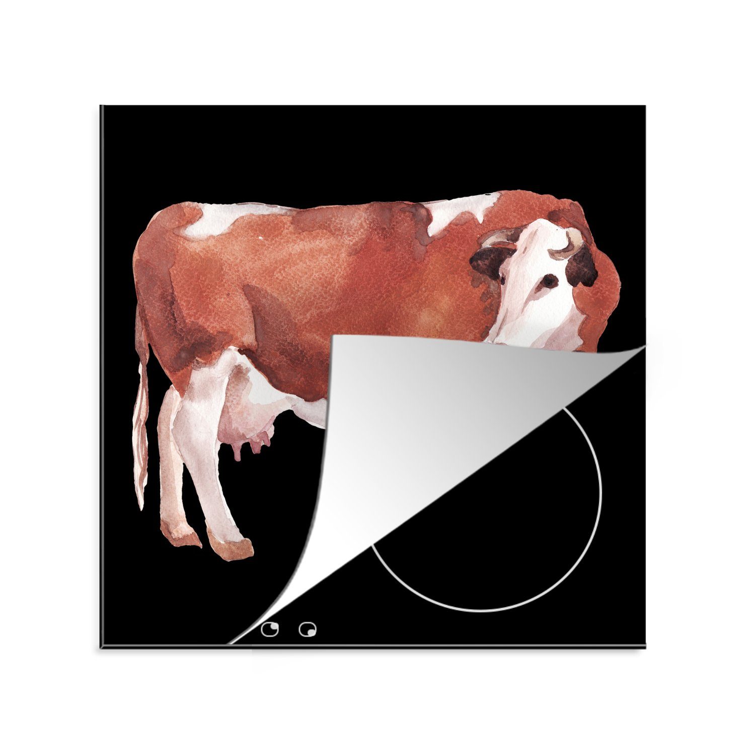 MuchoWow Herdblende-/Abdeckplatte Kuh - Braun - Weiß, Vinyl, (1 tlg), 78x78 cm, Ceranfeldabdeckung, Arbeitsplatte für küche