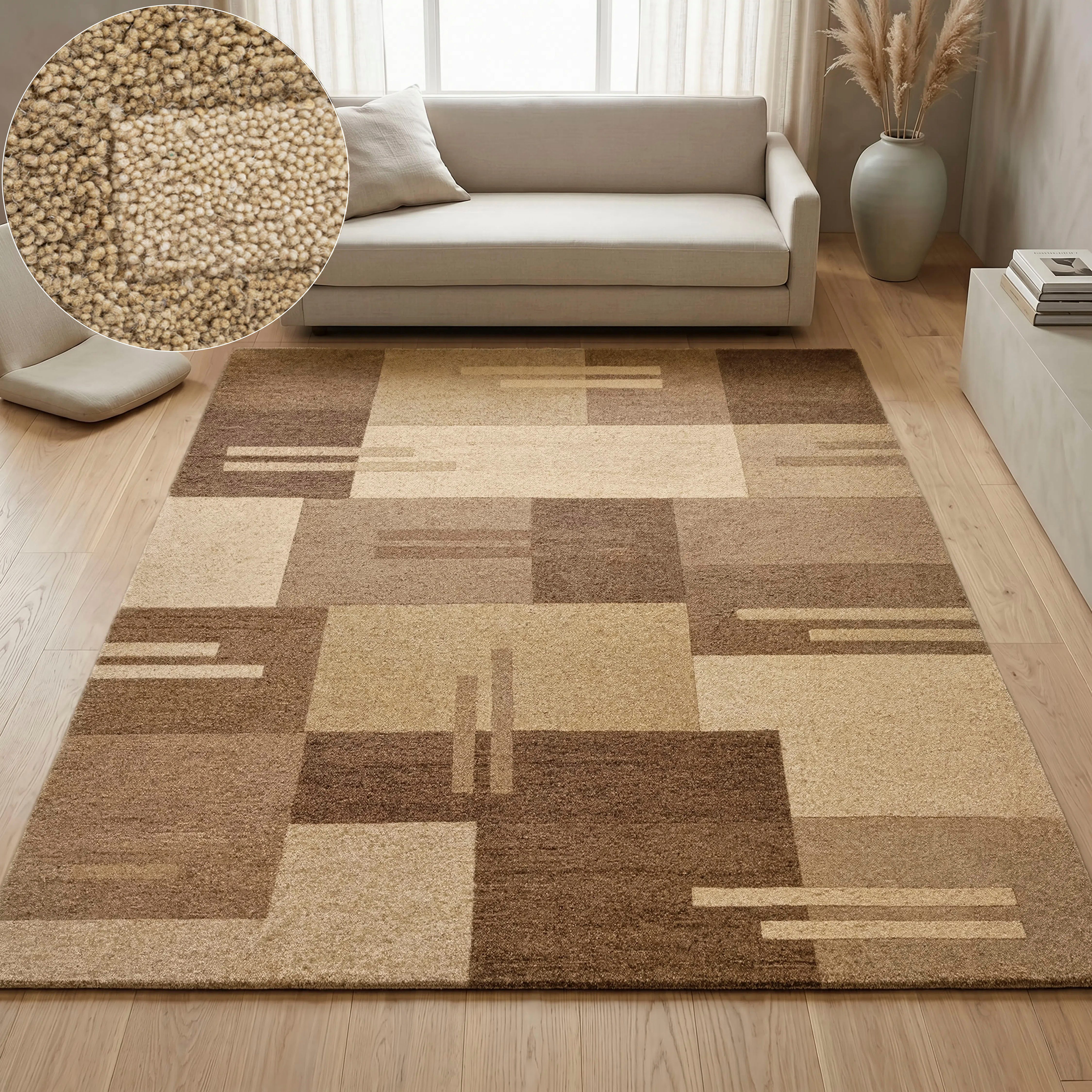 THEKO Wollteppich Gabbeh Kästchen, Patchwork Design, reine Wolle, rechteckig, Höhe: 14 mm, Naturtöne, Wohnzimmer, Schlafzimmer, Esszimmer