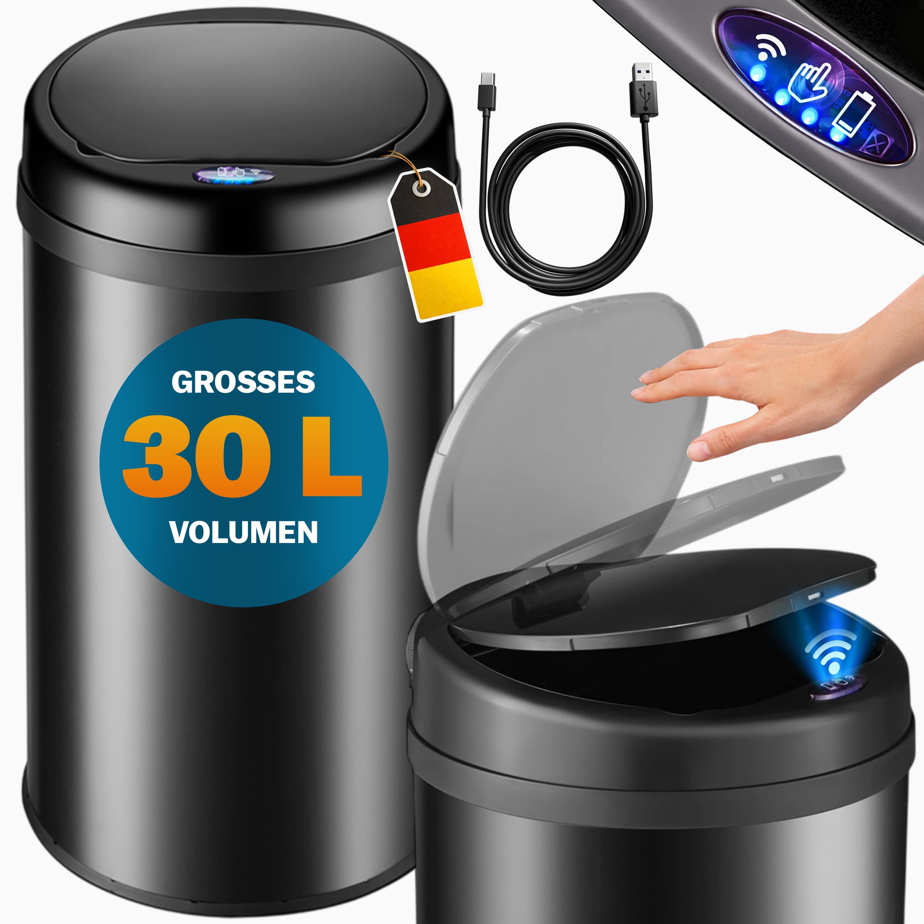 monzana Mülleimer, 30 L Automatik Sensor Mülleimer LED Display Müllbehälter berührungslos