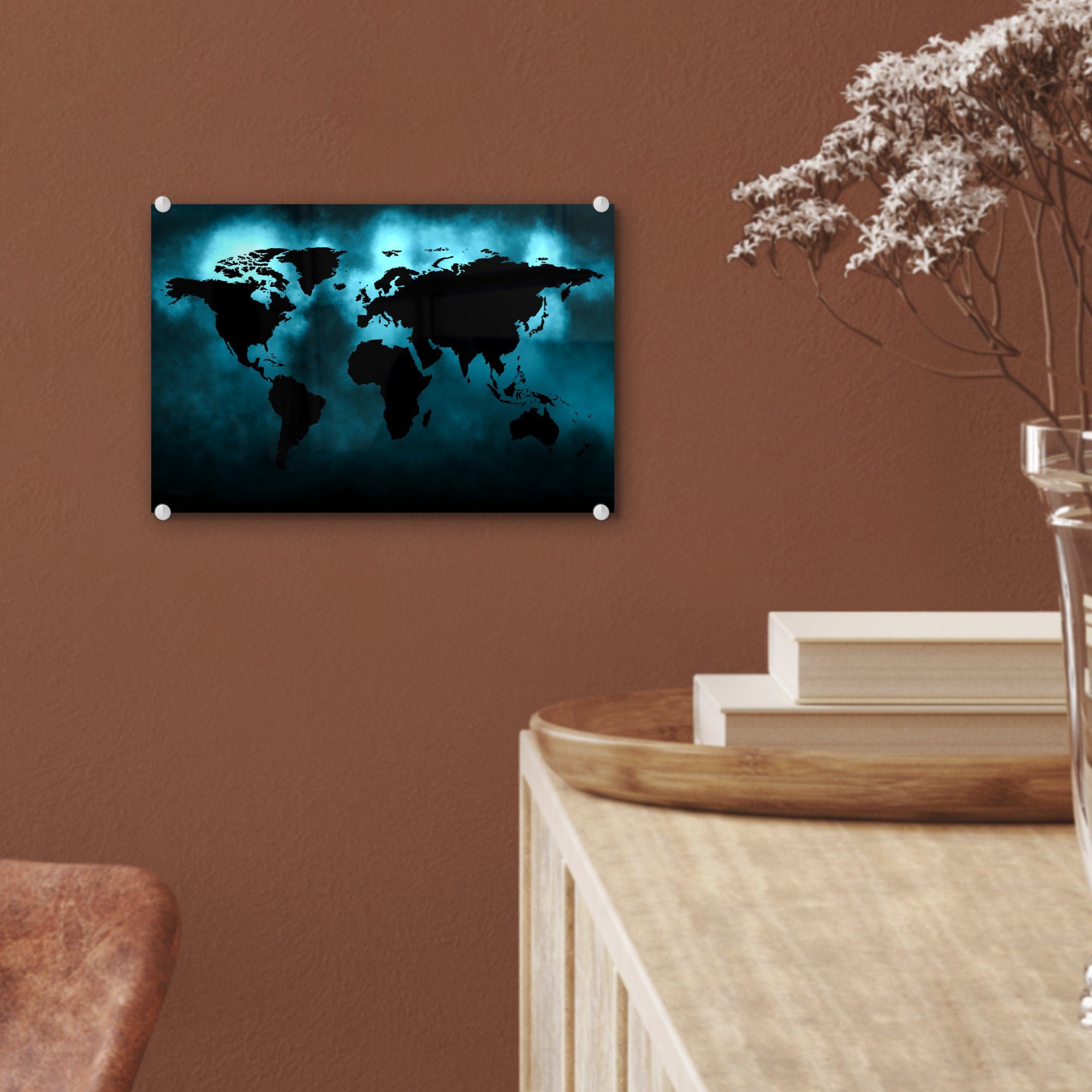MuchoWow Acrylglasbild Glasbilder - auf Wandbild - Glas - St), Weltkarte Foto Schwarz Glas Blau, (1 Wanddekoration - Bilder auf 