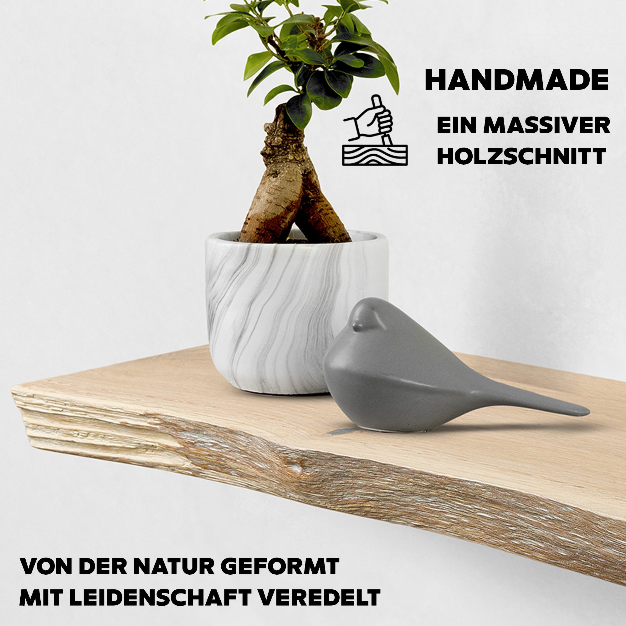 tømmermann Wandregal Schweberegal Holzregal mit Baumkante - Hängeregal aus Massivholz Eiche, Komplett-Set