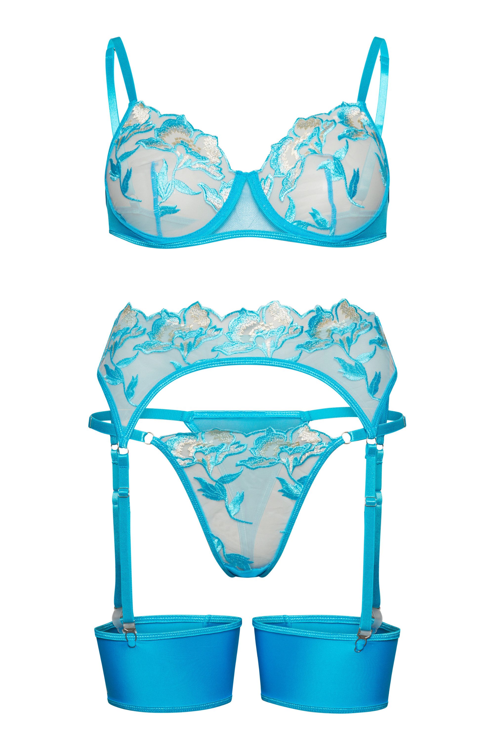Elegant Love Set: Bügel-BH Dessous-Set mit Blumenstickerei – Sexy Reizwäsche für Damen (Set, 5-tlg., Cheeky-Panty, Hüfthalter, Beinringe) Lingerie-Set – BH, Tanga, Strapsgürtel & Oberschenkelbänder