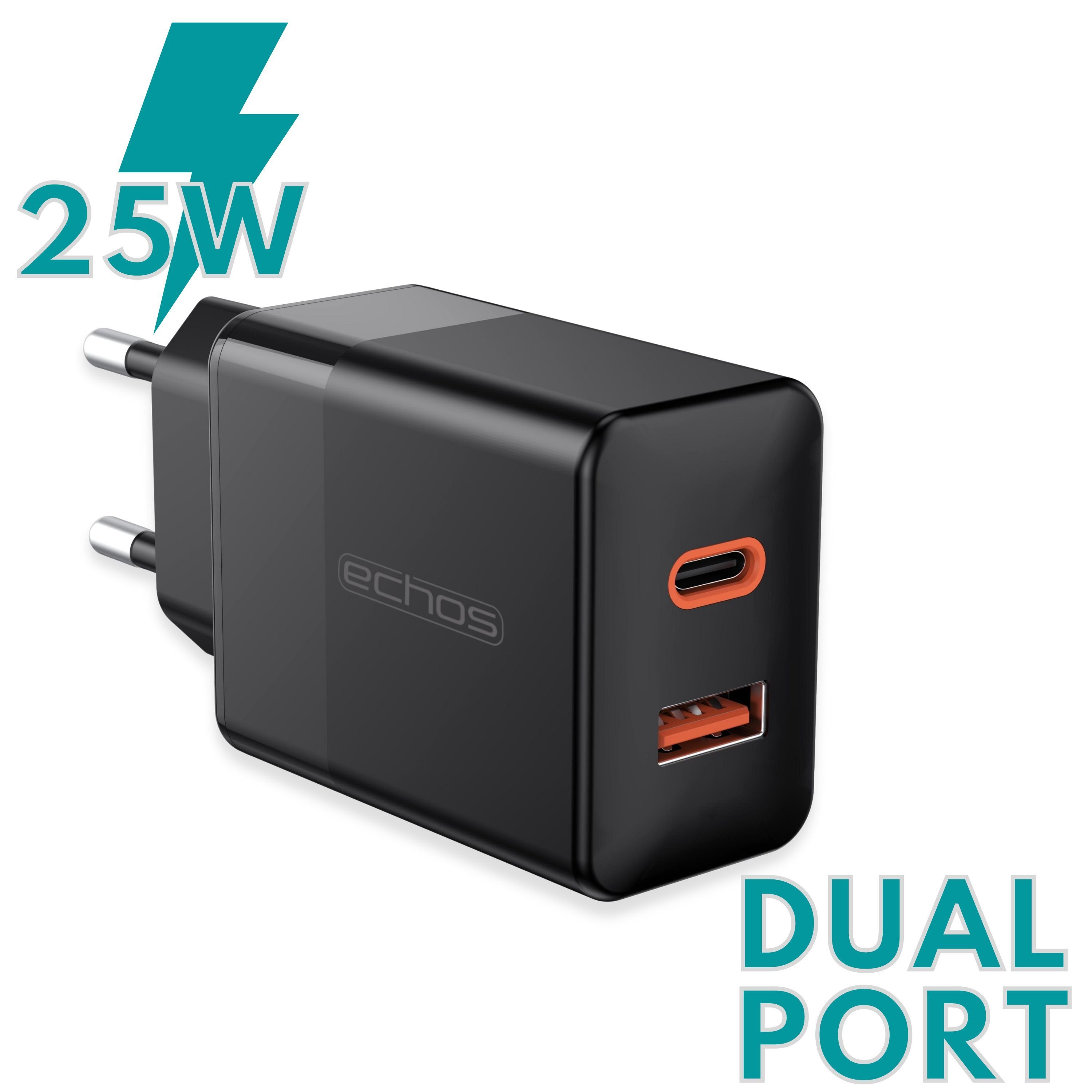 echos Eco-4043 Schnelllade-Gerät (Set, 25 Watt Schnellladegerät,Dualport,USB-C + USB-A,QC3.0,PD,PPS)