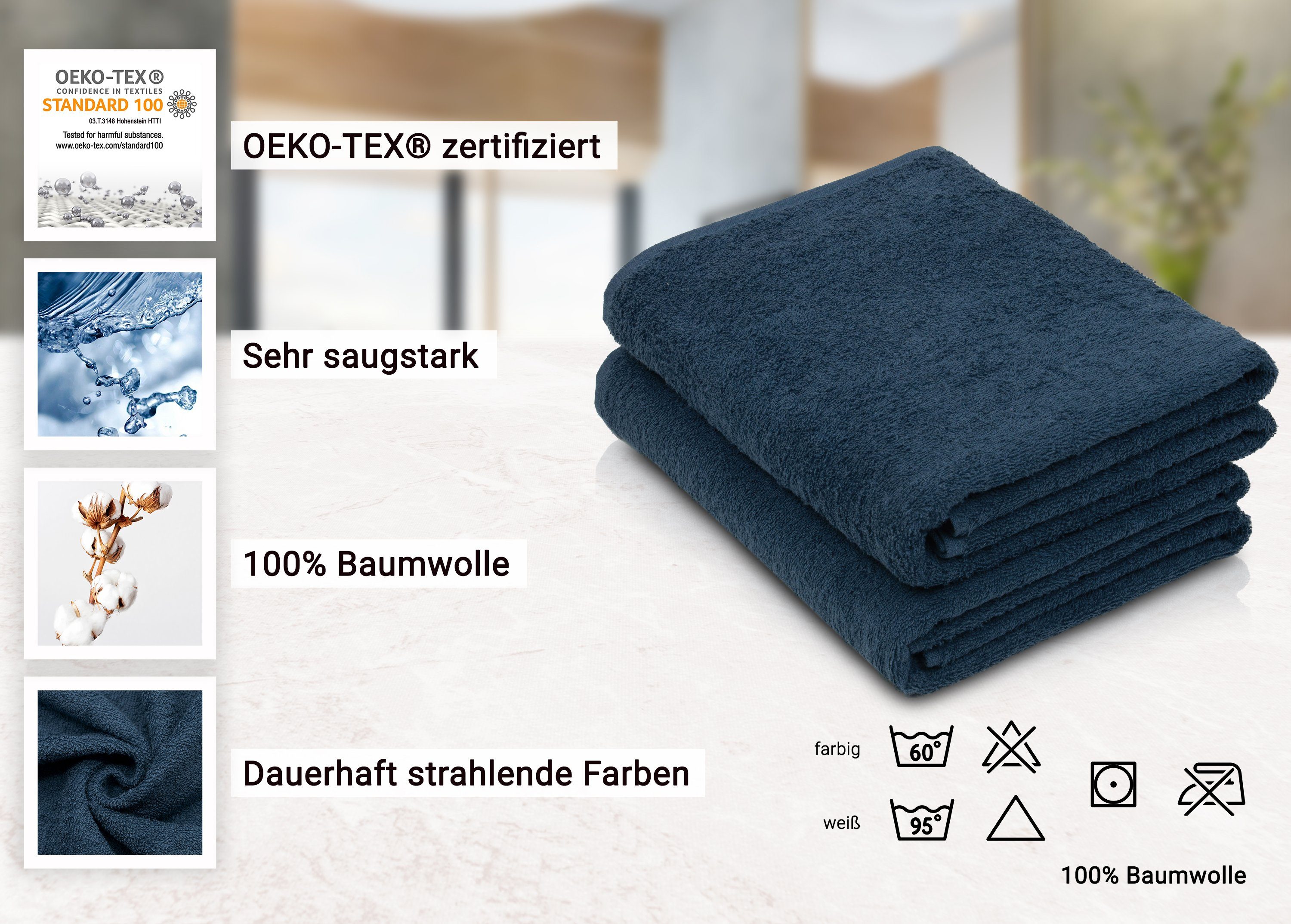 Hotelwäschespezalisten Baumwolle, ZOLLNER 150 cm, (2-St), x Badetücher, vom 100% dunkelblau 100 Glattvelours