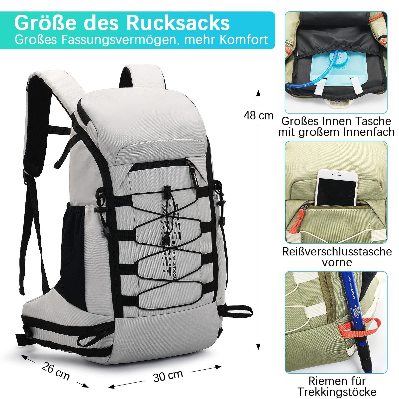 G4Free Wanderrucksack, 40L Campingrucksack mit Wasserdichter Hellgrau Regenschutz