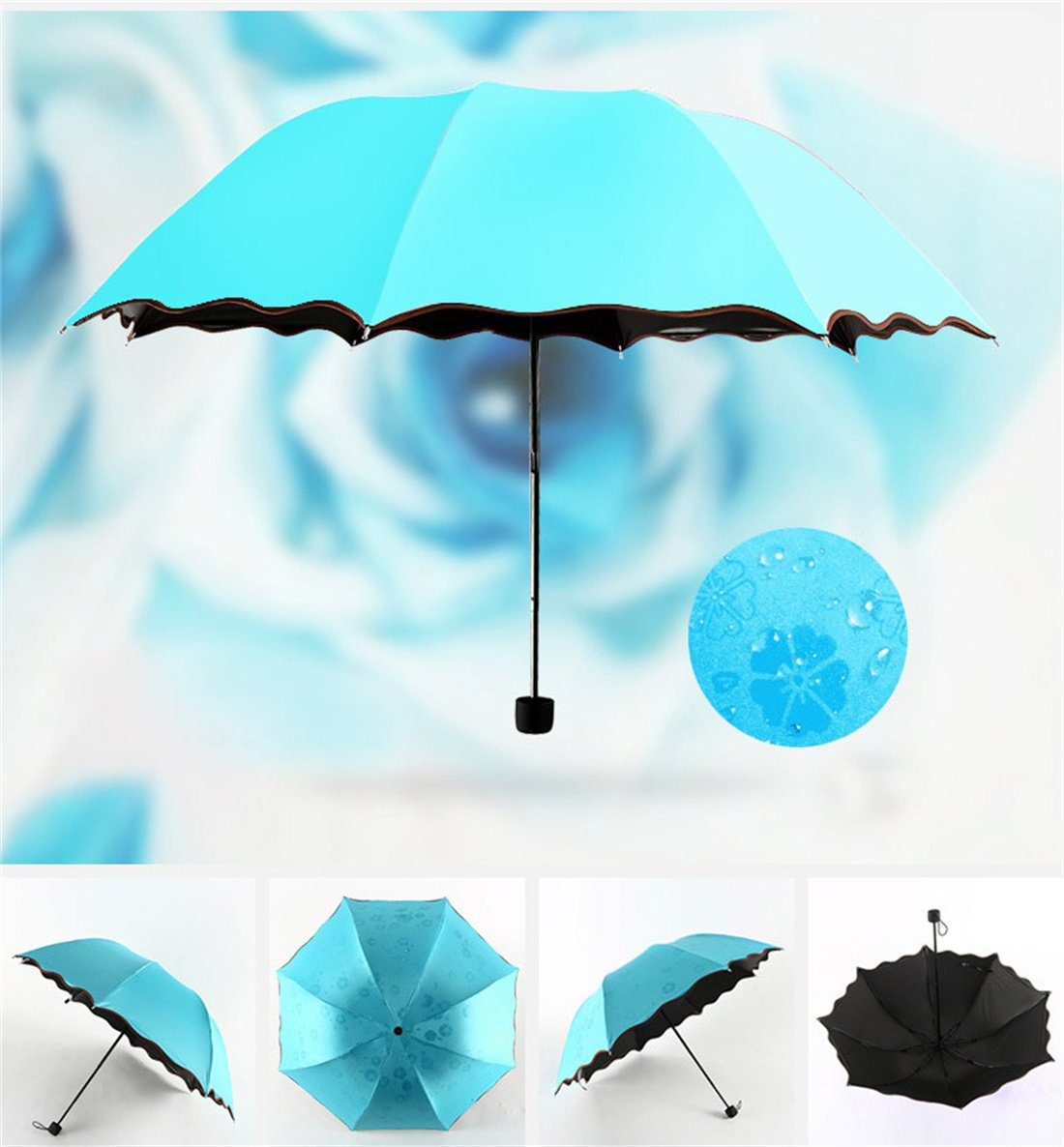 blau Wasserblühender Faltschirm,AntiUV-Sonnenschirm Regenschirm,regenfester DÖRÖY Taschenregenschirm