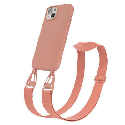 EAZY CASE Handykette Karabiner Breitband für Apple iPhone 13 6,1 Zoll, Silicon Handyhülle mit breiter Kette Carabiner Necklace Altrosa Coral
