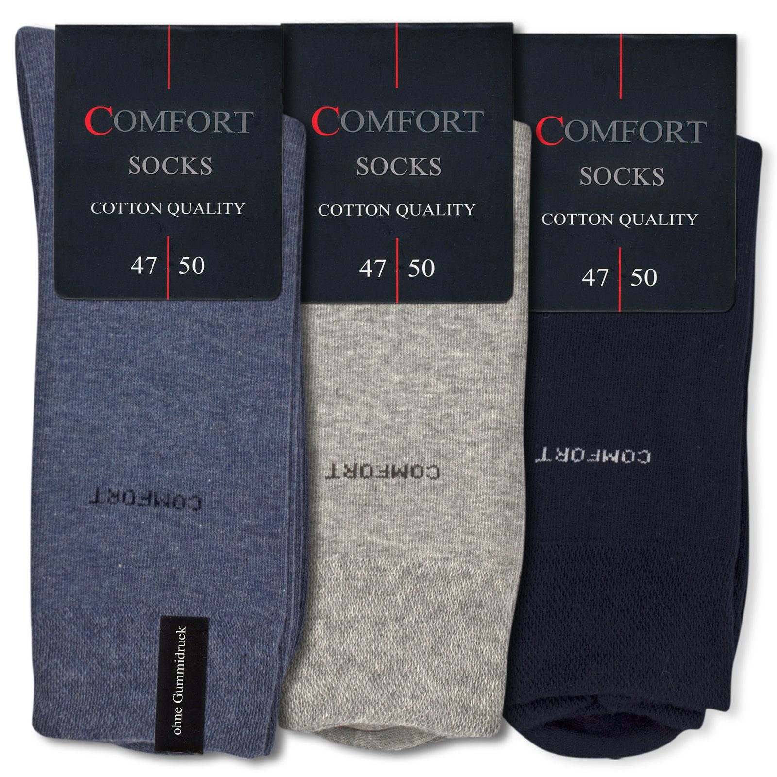 Die Sockenbude Basicsocken COMFORT (Bund, 3-Paar, blau grau) Größe 47/50 (XXL) mit Softrand ohne Gummi