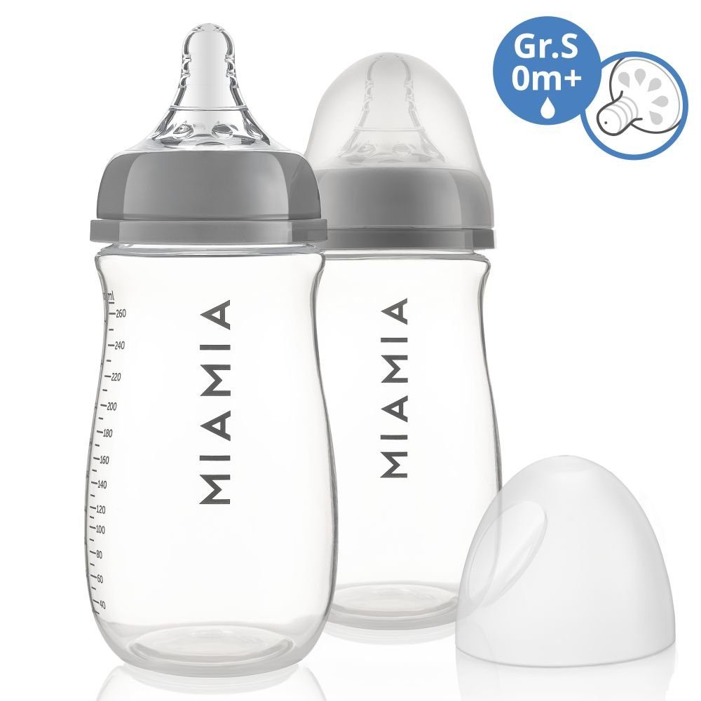 MiaMia Babyflasche PP-Flasche - Grau, 2er Pack Babyflasche 260 ml + Silikon-Trinksauger Größe S