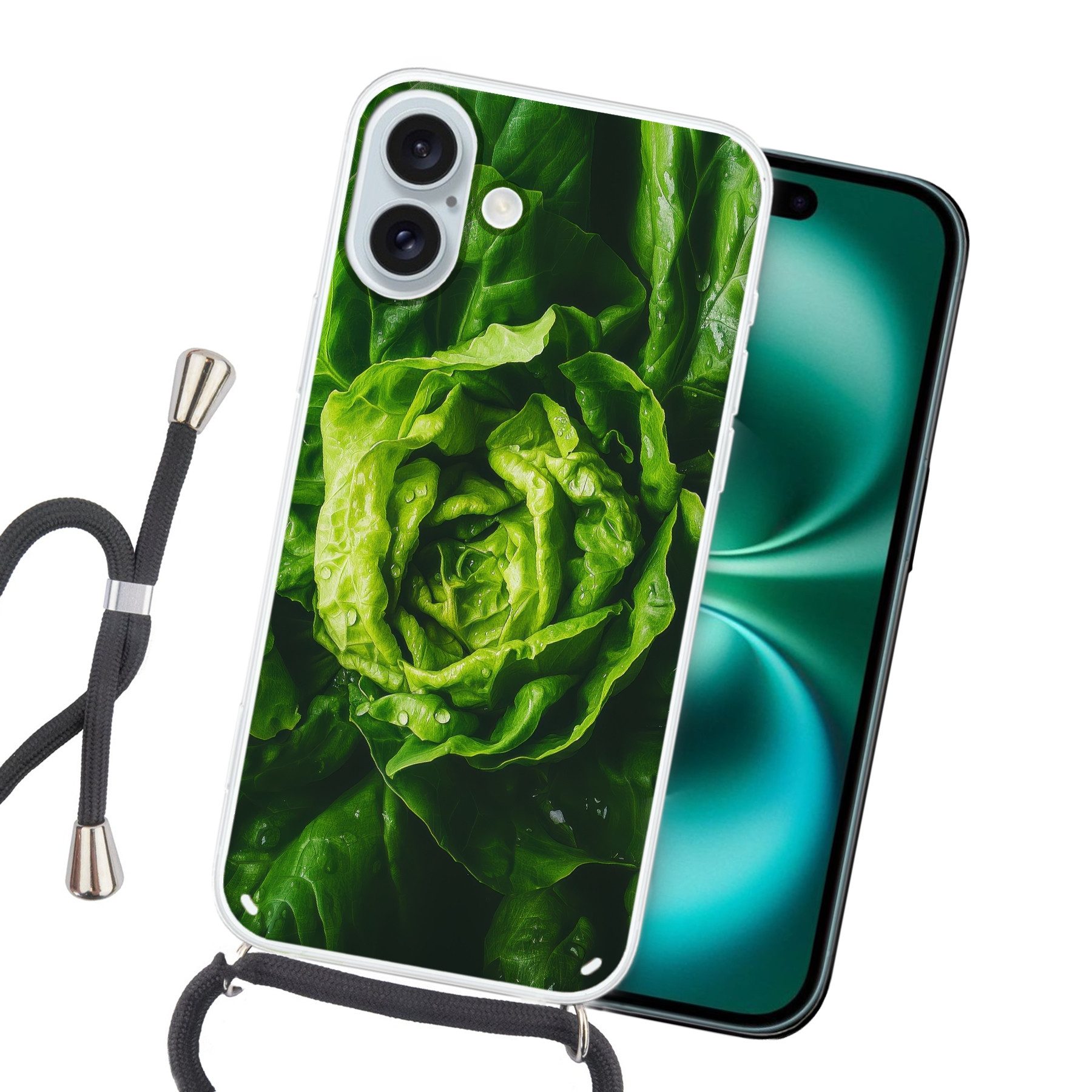 MuchoWow Handyhülle für Apple iPhone 16 Plus Gemüse - Kopfsalat - Grün, Tragbare Handyhüllen mit Kette zum umhängen, Handykette Handyband