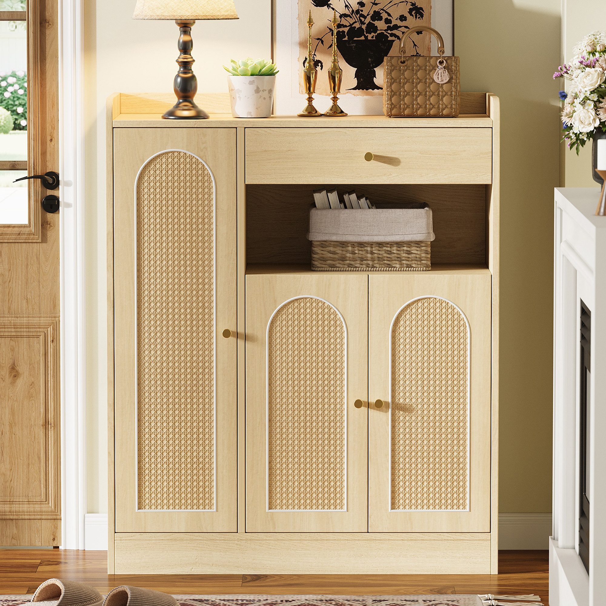 Flieks Schuhschrank Rattan Schuhkommode mit verstellbaren Einlegeböden (B90/T35/H110 cm, 1-St., Schrank für Wohnzimmer, Esszimmer, Flur, Schlafzimmer) Mehrzweckschrank Schuhregal mit 1 Schubladen und 3 Türen Natur