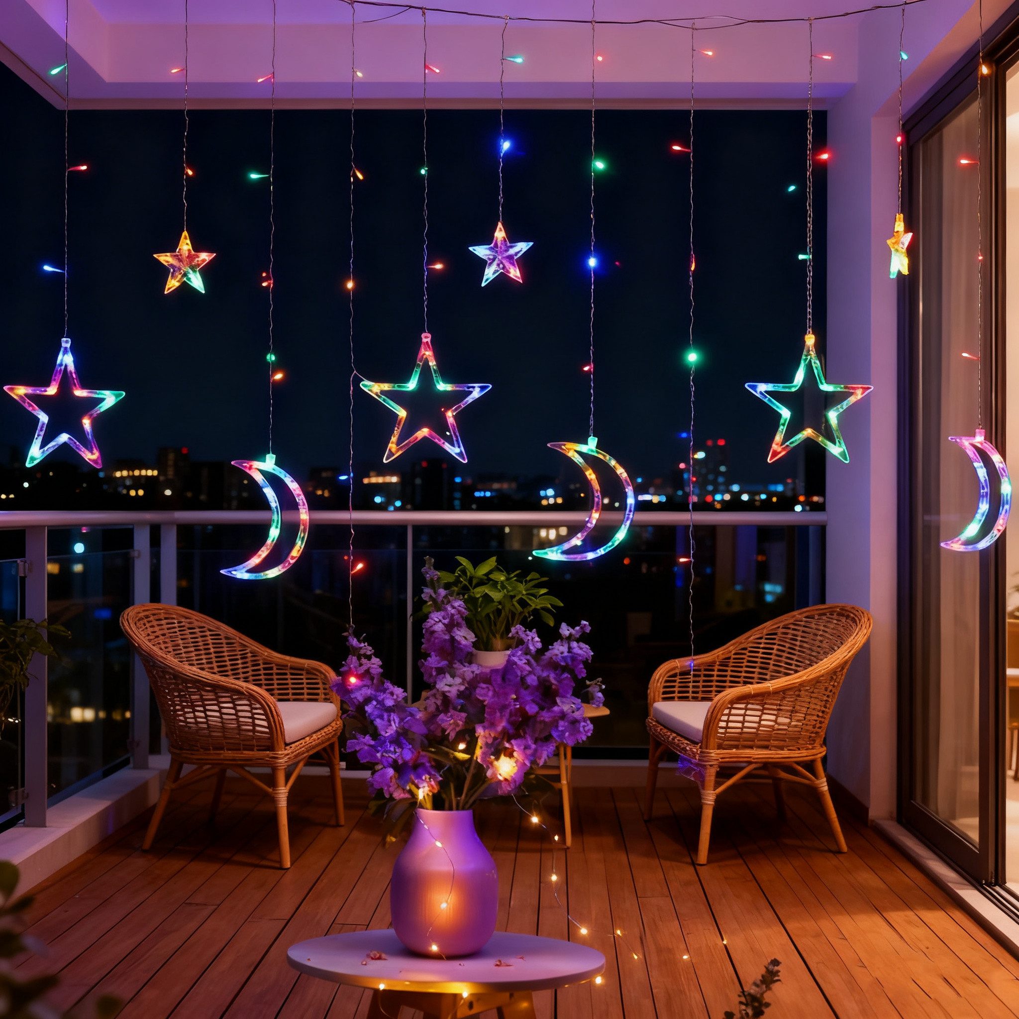 MUPOO Lichtervorhang LED Lichtervorhang Sternen und Monden Lichterkette Ramadan, Weihnachten, Timer, Speicherfunktion, Energiesparende – Bild 4 von 5