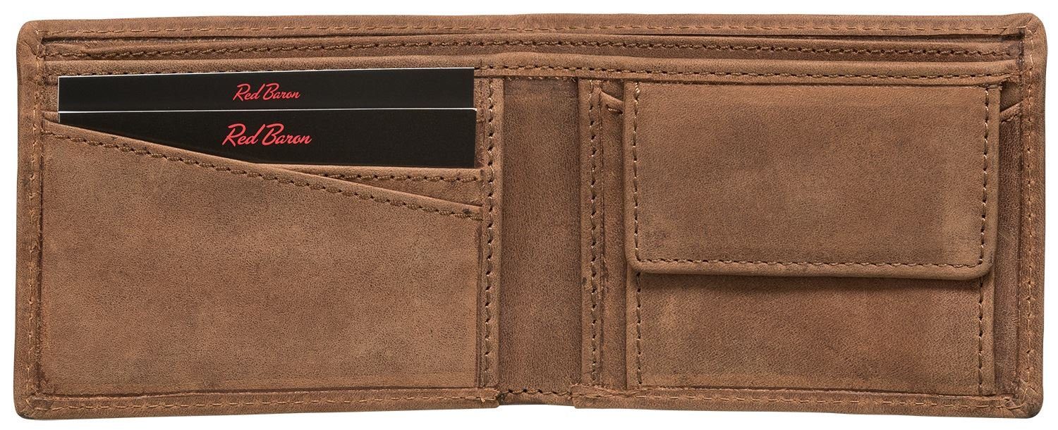 Red Baron Geldbörse Geldbeutel Leder Braun RB-WT-001-05, 1-fach klappbar, Kreditkartenfächer, Münzfach mit Druckknopf