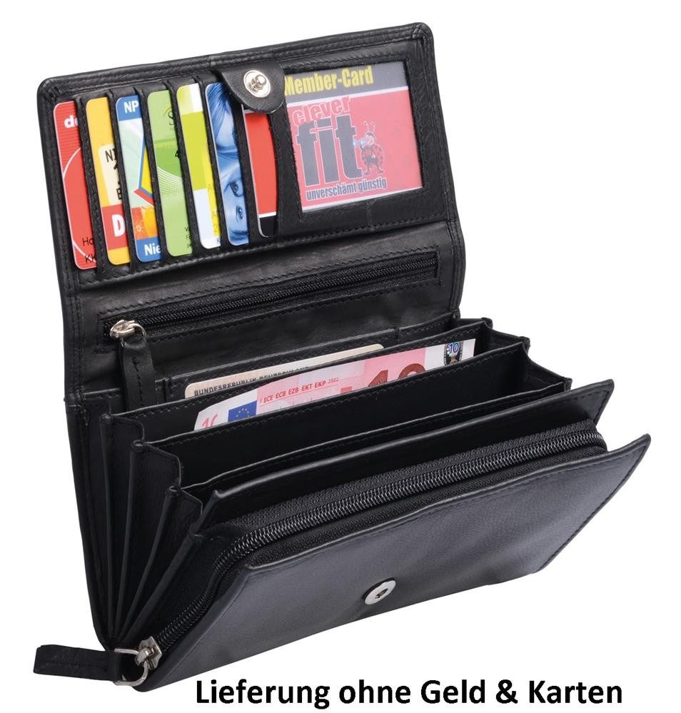 Geldbörse Damenlangbörse Leder mit Klappe, Reißverschlusskleingeldfach, schw