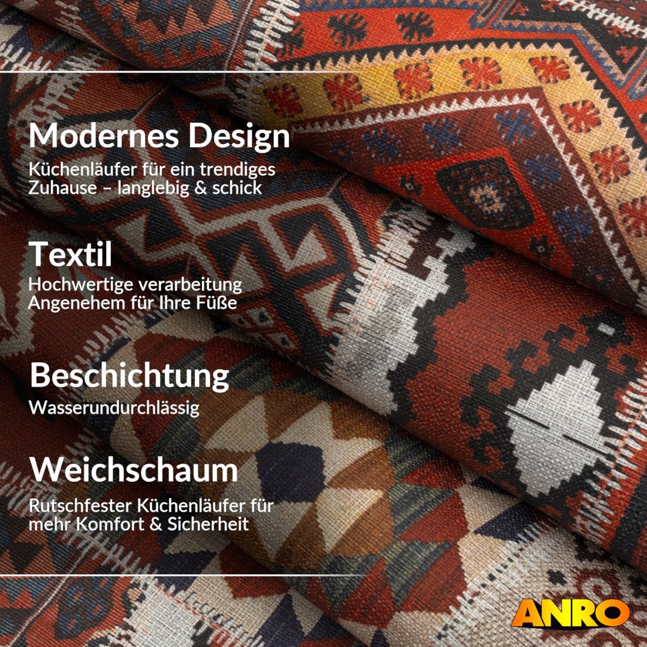 ANRO Küchenläufer Premium Boho RANNA Läufer Küchenteppich Stoff-Teppich, Rechteckig, Höhe: 3 mm, Stoff schmutzabweisend 67x100cm Patchwork Rot robust
