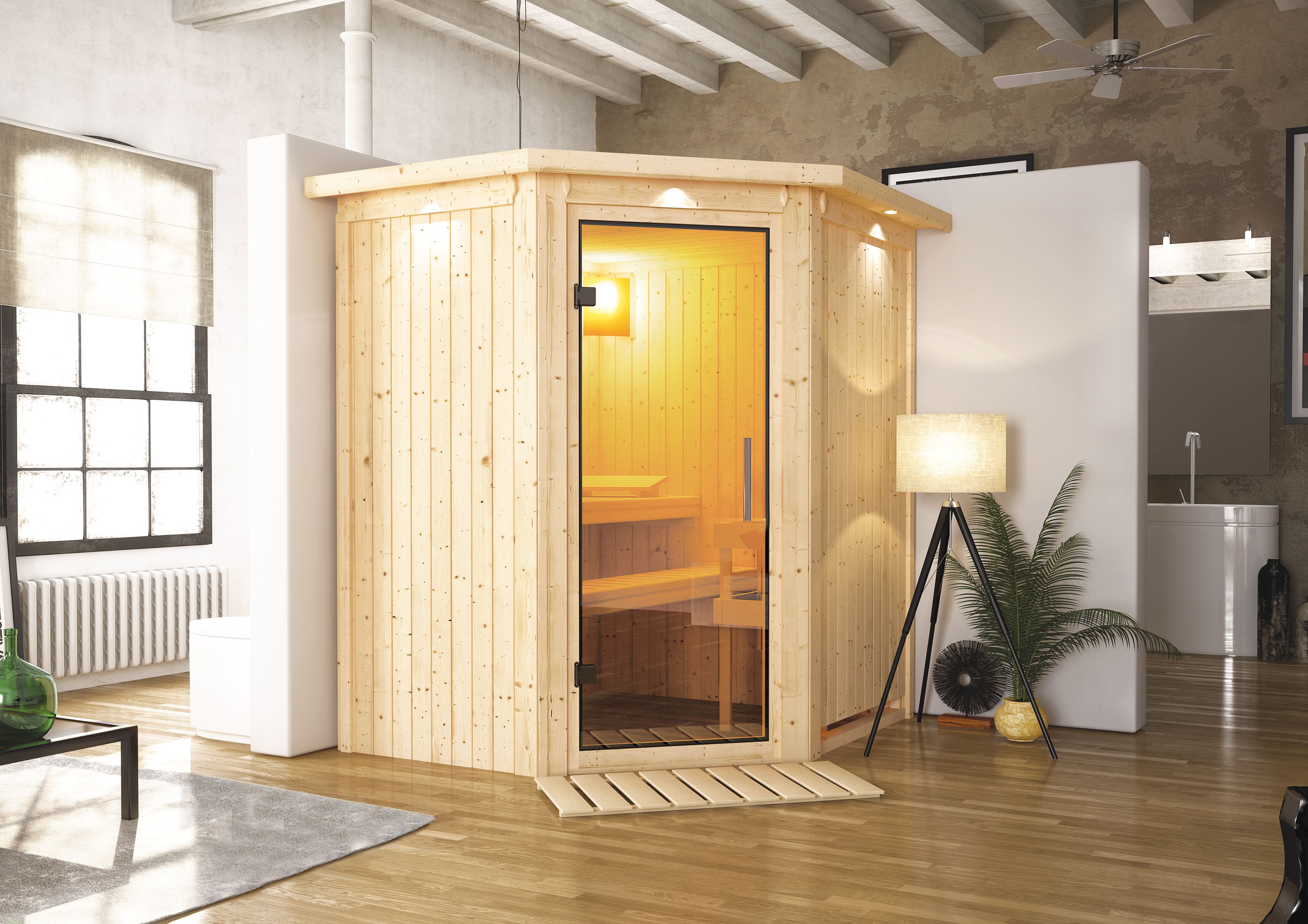 Karibu Sauna »Liyah« mit Klarglastür und Dachkranz, BxTxH: 184 x 165 x 202 cm, 68 mm, in verschiedenen Ausführungen erhältlich