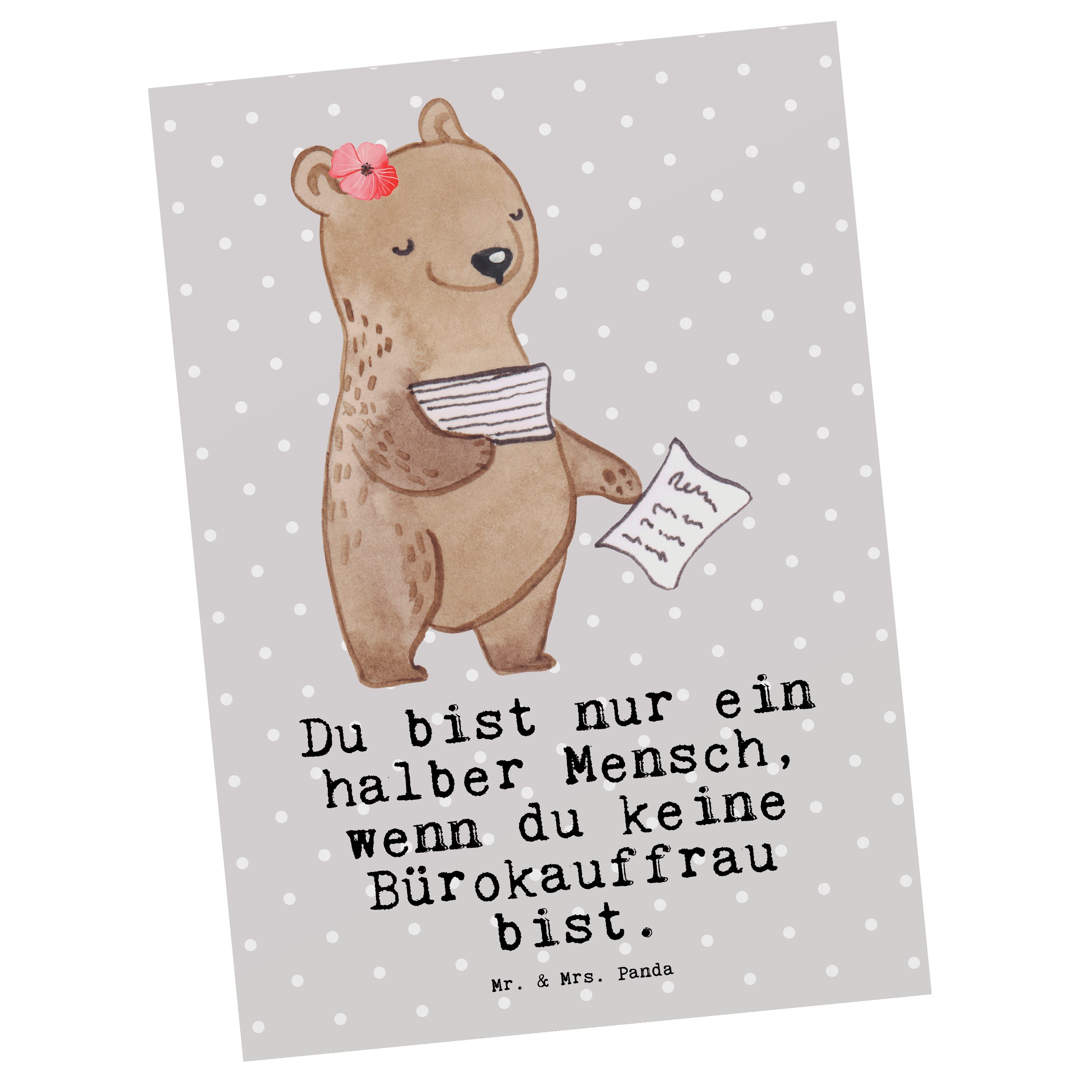 Mr. & Mrs. Panda Postkarte Bürokauffrau mit Herz - Grau Pastell - Geschenk, Geburtstagskarte, Ei