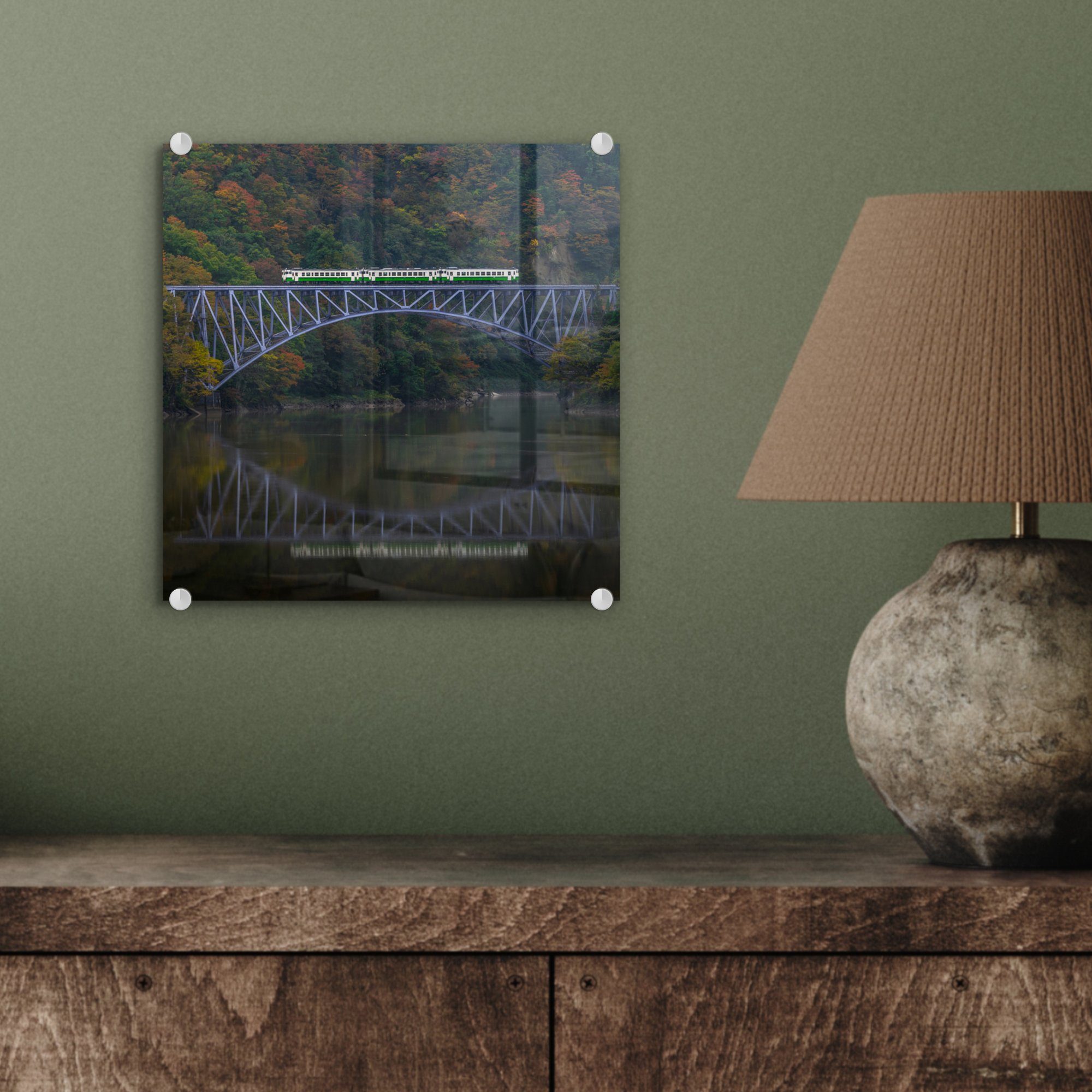 MuchoWow Acrylglasbild Eine Eisenbahnbrücke über Wasser, Glas Wandbild Wanddekoration - Foto Glasbilder auf Glas - das auf - Bilder St), (1
