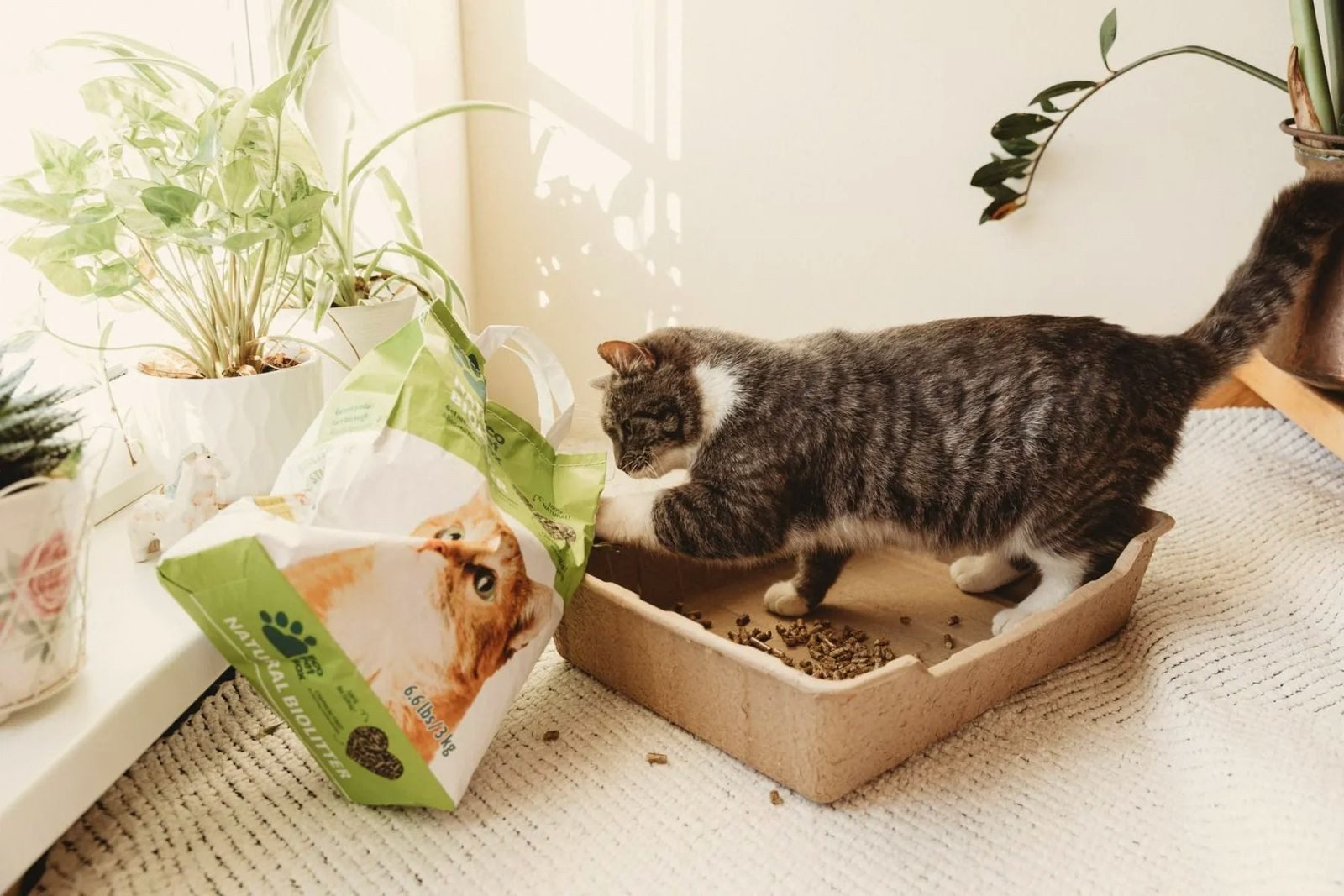 BURI Katzenstreu 22 L Bio Pellets natürliches Einstreu 100% Öko Streu aus Heu saugstark (Spar-Set, 4-tlg., 12kg), für die Katzentoilette, biologisch abbaubar, geruchsbindend, saugstark