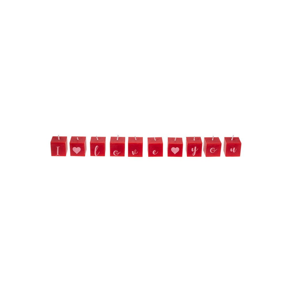 what the shop Stumpenkerze Kerzenblock „I love you“–10er Set, rot, 3x3 cm, Geschenk & Deko, Liebevoller Kerzengruß mit Herz & Stil
