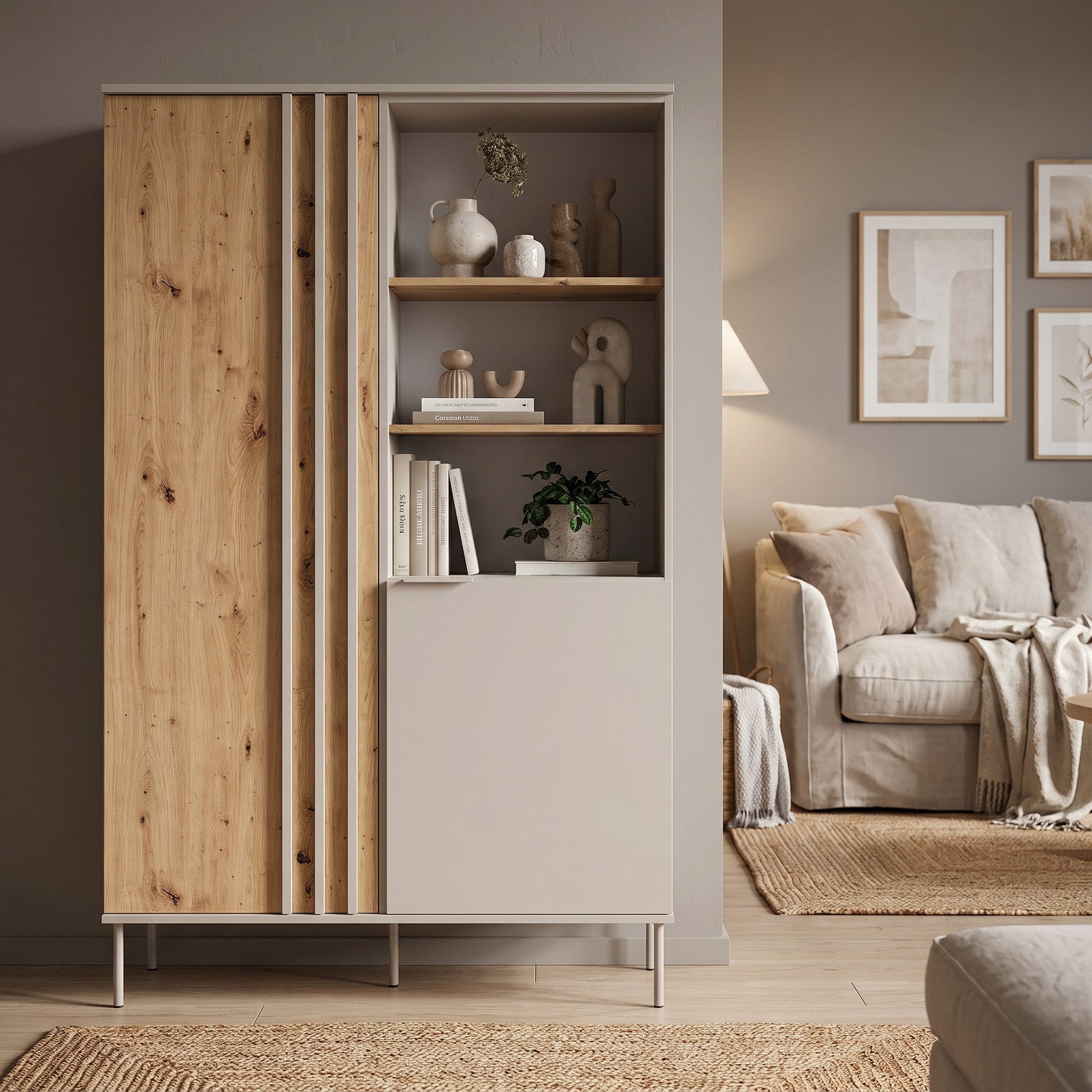 Lomadox Vitrine RENNES-166 Eiche mit Kaschmir, 2 Türen, viel Stauraum, fühlbare Lamellen