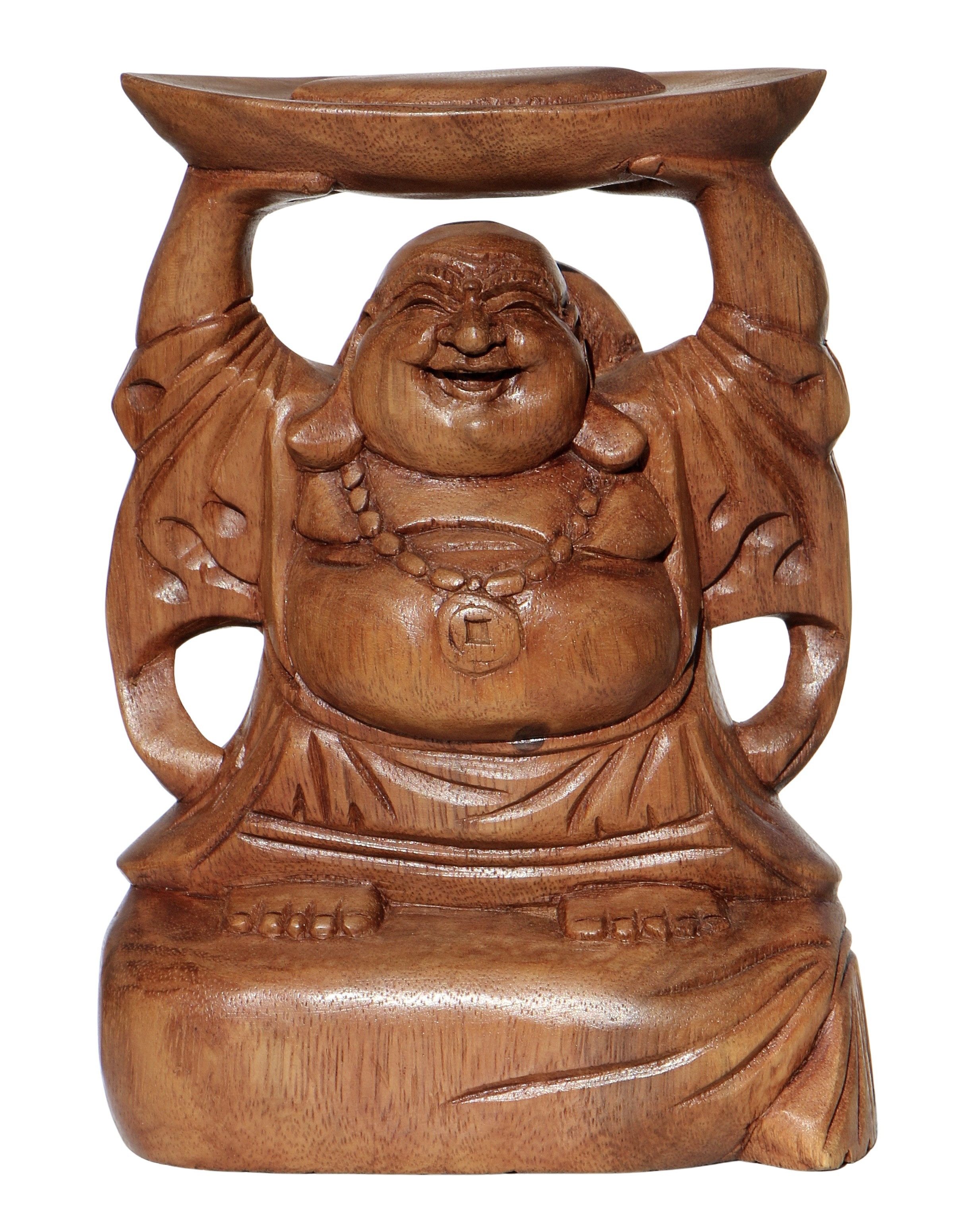 Wogeka Buddhafigur lachender Happy Buddha Geld Holz-Figur Feng Shui Statue
