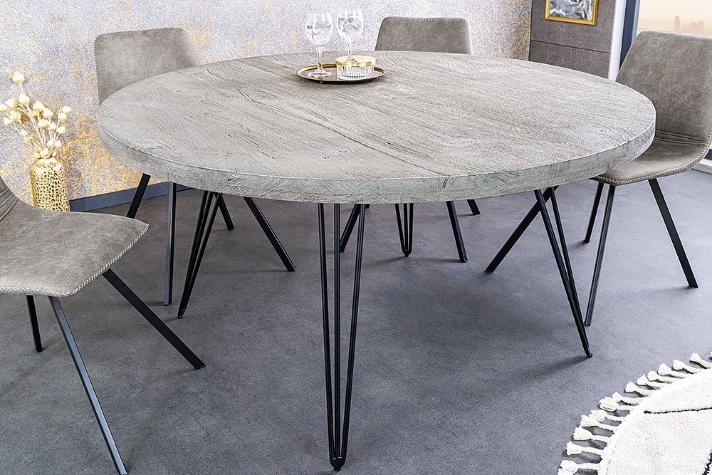 riess-ambiente Esstisch SCORPION Ø120cm grau / schwarz · 4,5cm Tischplatte (Einzelartikel, 1-St), Küche · Mango-Massivholz · Metall · rund · Hairpin Legs · Retro Design grau | grau