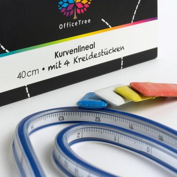 OfficeTree Lineal Kurvenlineal 40 cm 16 Zoll, Kurvenschablone aus Vinyl - Nähen und Zeichnen mit perfektem Werkzeug – 4x Kreide