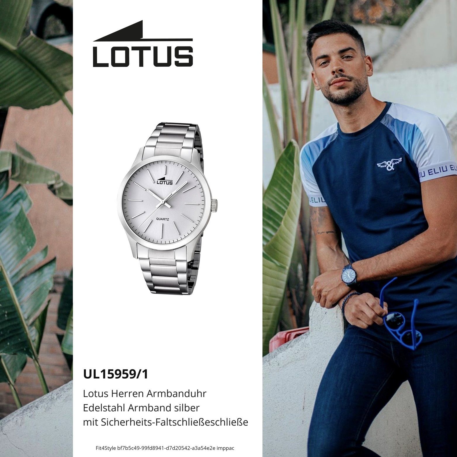 Lotus Quarzuhr Lotus Stahl Herren (ca. L15959/1, Edelstahlarmband, 42mm), groß Casua Gehäuse, rundes Uhr mit Herrenuhr