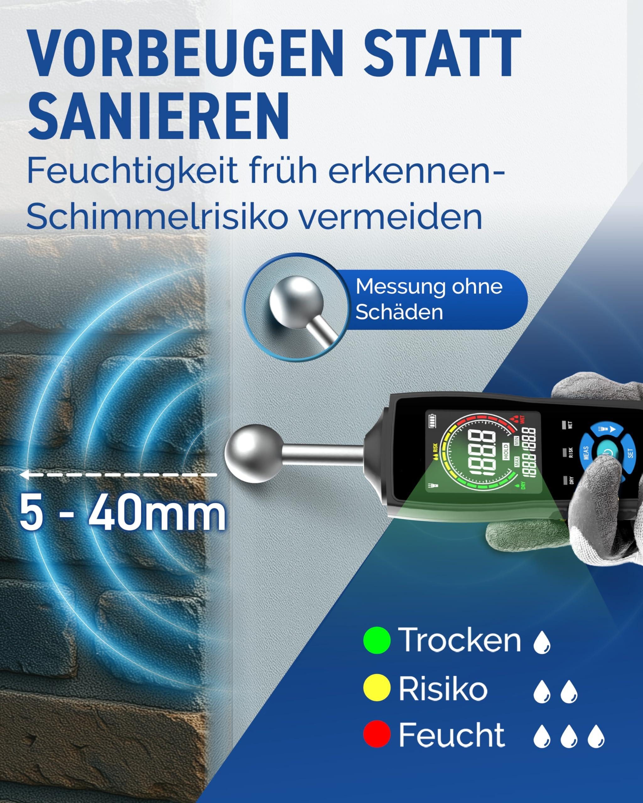 Kityhome Feuchtigkeitsmesser DetectX Feuchtemesser für Wände, Holz & Mauerwerk - zuverlässig, (Packung, 4-St., Präzise und empfindlich), Enthält Batterie, Aufbe – Bild 2 von 5