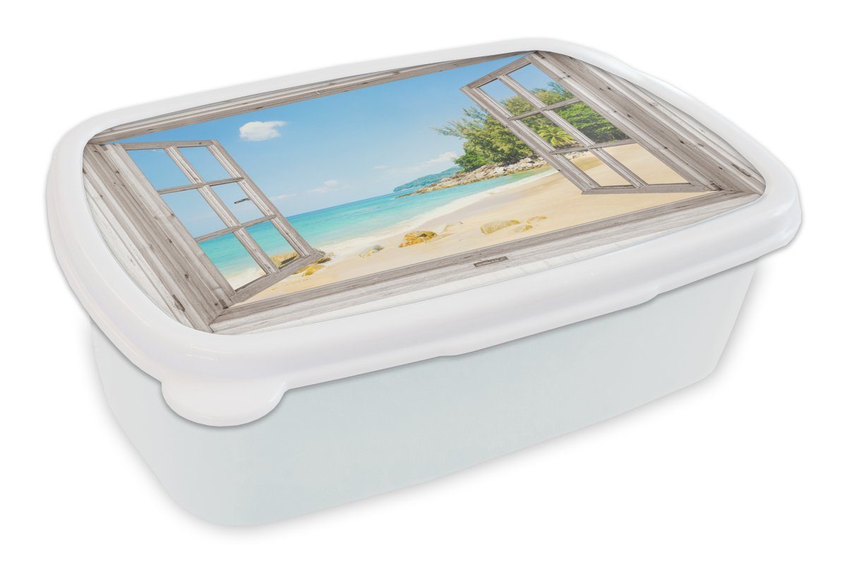 und Kunststoff, für Sand, Jungs MuchoWow Brotbox und Kinder Strand Lunchbox - Brotdose, weiß für Mädchen - (2-tlg), Aussicht Erwachsene,