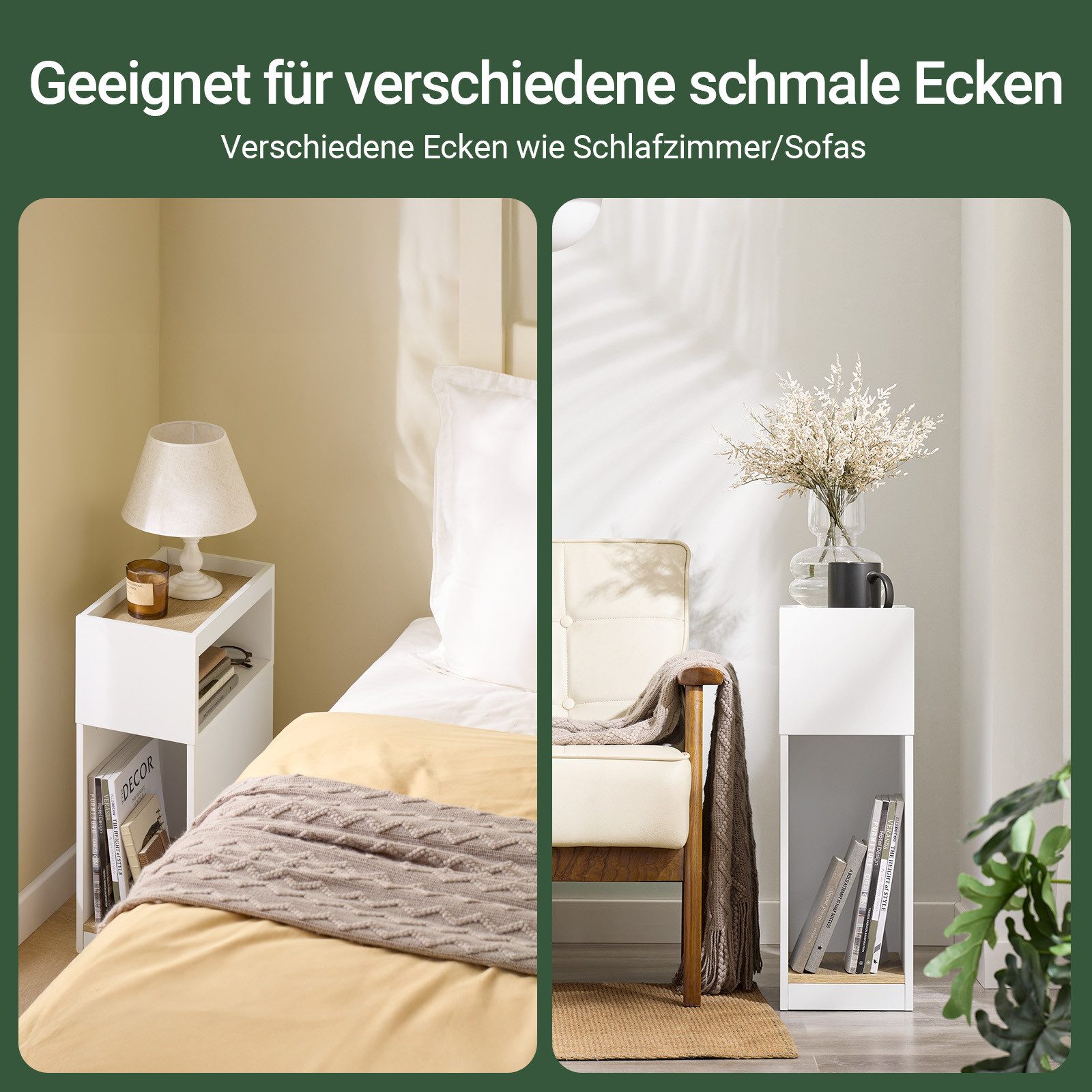 SoBuy Nachttisch FBT171, Beistelltisch klein, Nachttisch schmal, Nachtschrank Nischen, mit Schublade für Schlafzimmer Nischen, ideal für kleine Räume, Holz