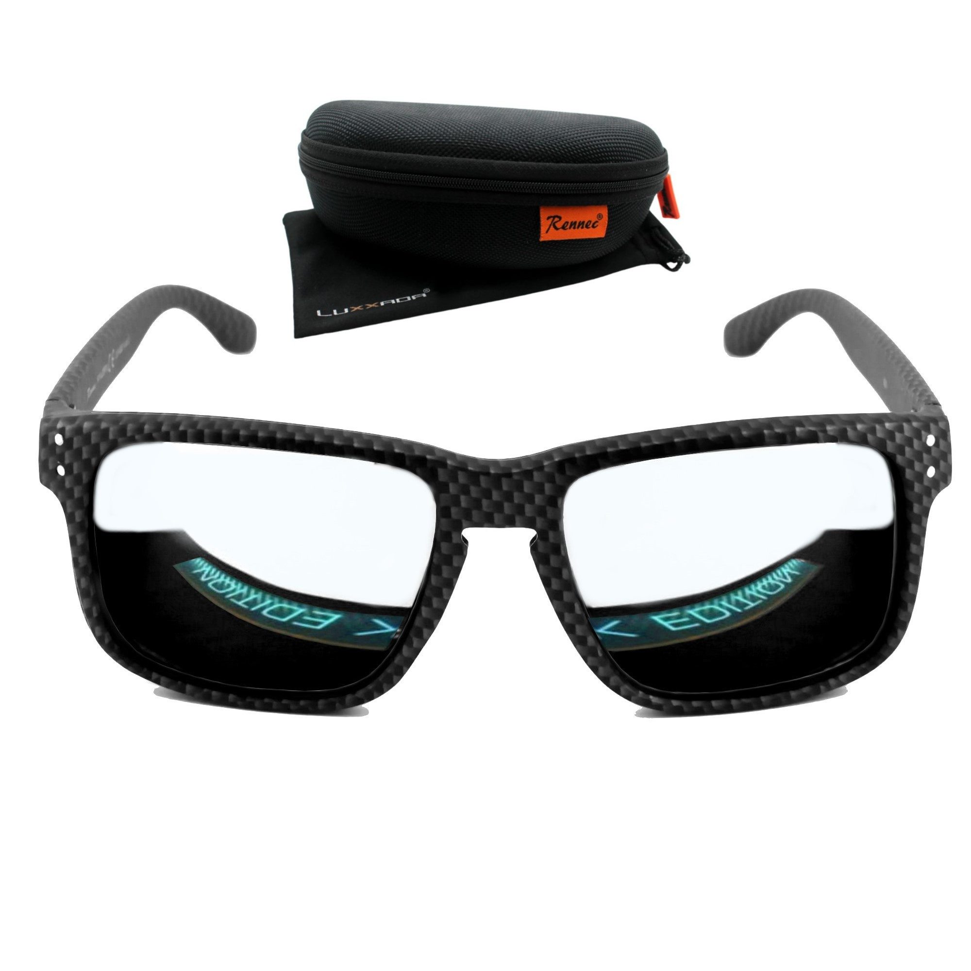 Rennec Sonnenbrille (Marken Sonnenbrille Herren Rechteckig Verspiegelt mit Hardcase) Polarisierte Gläser, Edelstahl Bügelgelenke, Carbon Optik