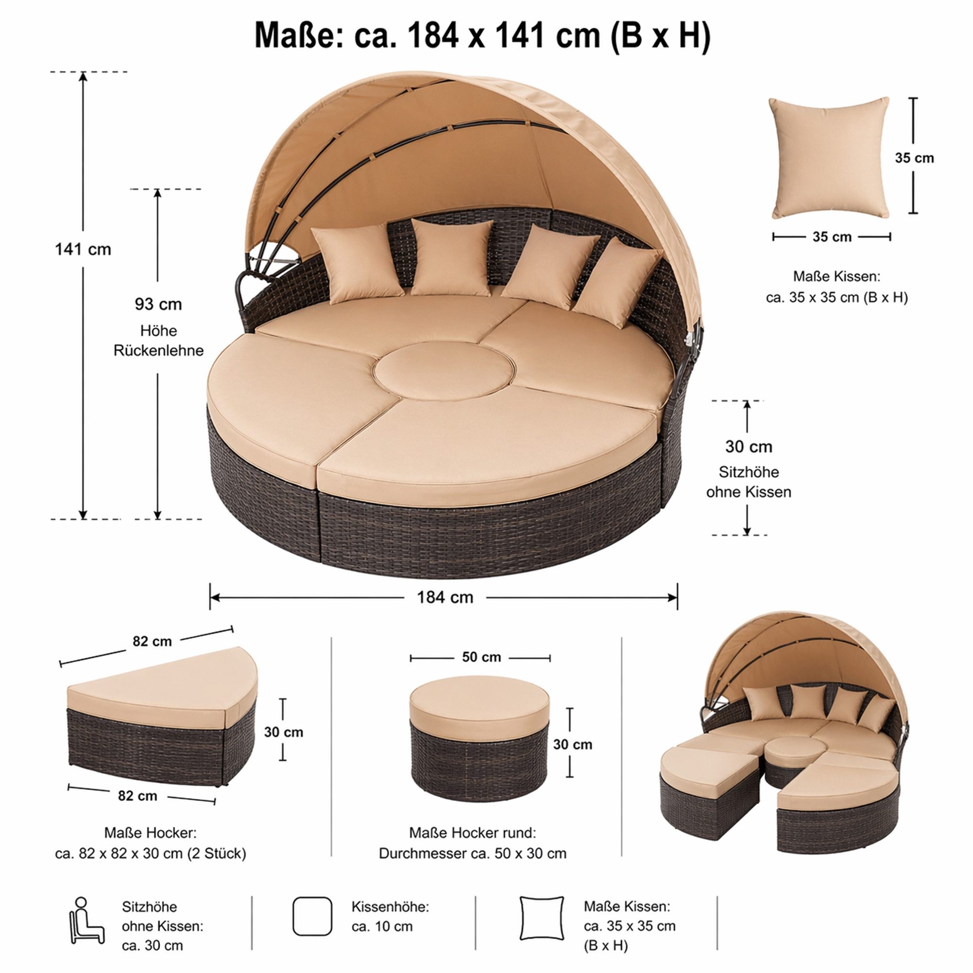Mucola Gartenlounge-Set Sonneninsel 180CM Polyrattan Gartenmuschel Gartenliege Loungebett, (Stück, Exklusiv), Wasserabweisend