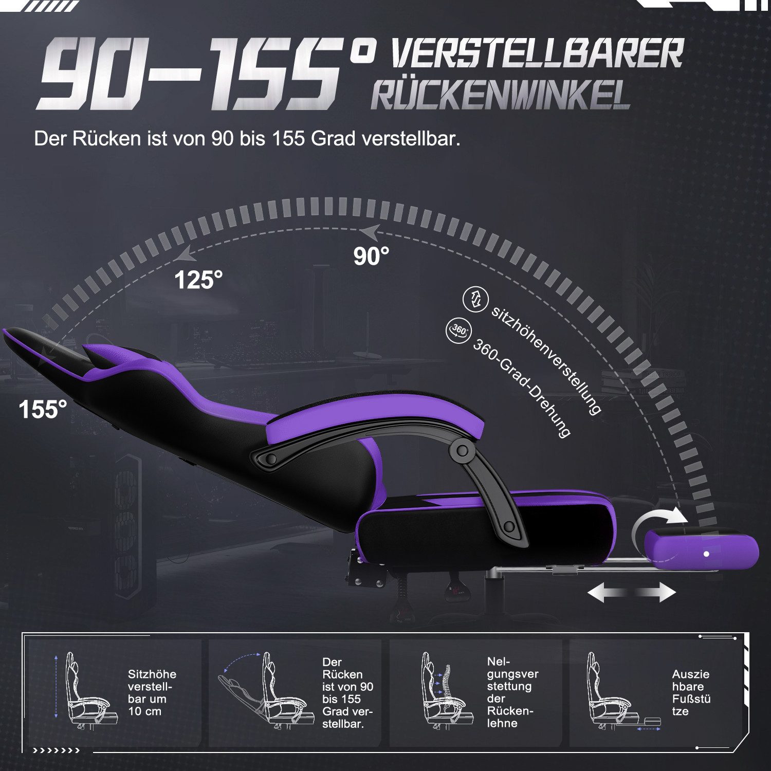 Adormii Gaming-Stuhl Gaming Stuhl ergonomisch Gaming Chair Bürostuhl verstellbare (Gaming Stuhl mit verstellbaren Lendenkissen, Armlehne und Kopfstütze, Gamer Stuhl Bequeme Sitzkissen), gepolsterter Gaming-Stuhl, bis 150 kg Belastbarkeit