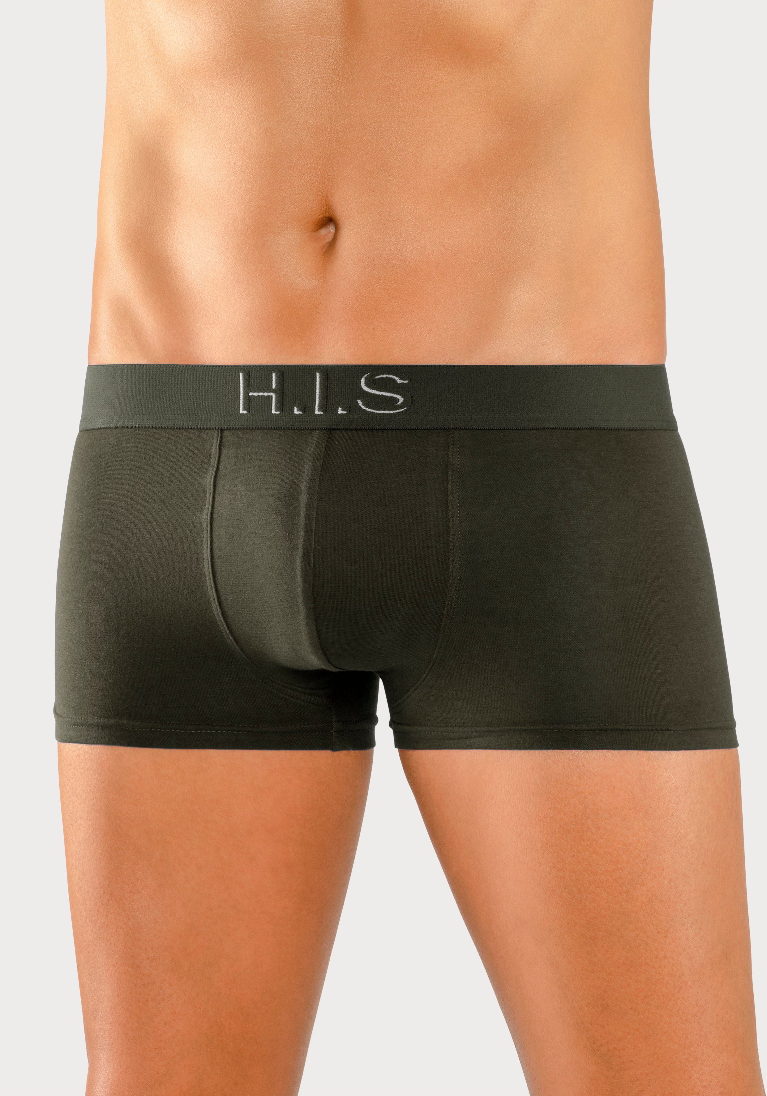 H.I.S Boxershorts (Packung, 5-St) navy Webbund in bordeaux, petrol, schwarz, mit Effekt olivgrün, Hipster-Form Logoschriftzug 3D am mit