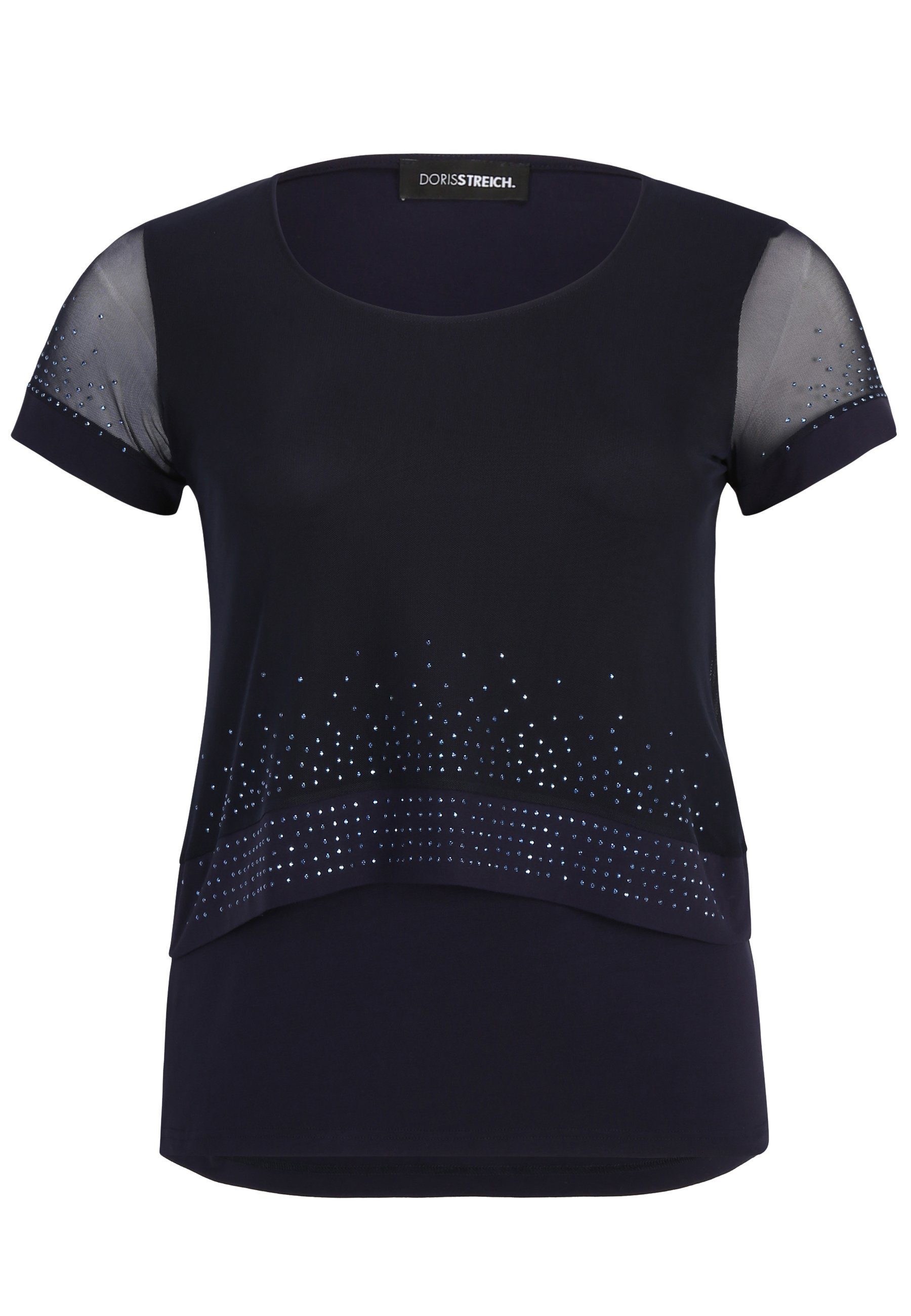 Doris Streich T-Shirt Shirt mit Schmucksteinchen und Transparenten Einsätzen mit Ziersteinen ultramarinblau