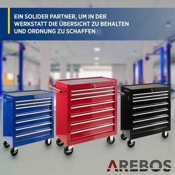 Arebos Werkstattwagen 7 Fächer, zentral abschließbar, inkl. Antirutschmatten, rot, (Werkzeug Rollwagen 7 Fächer)
