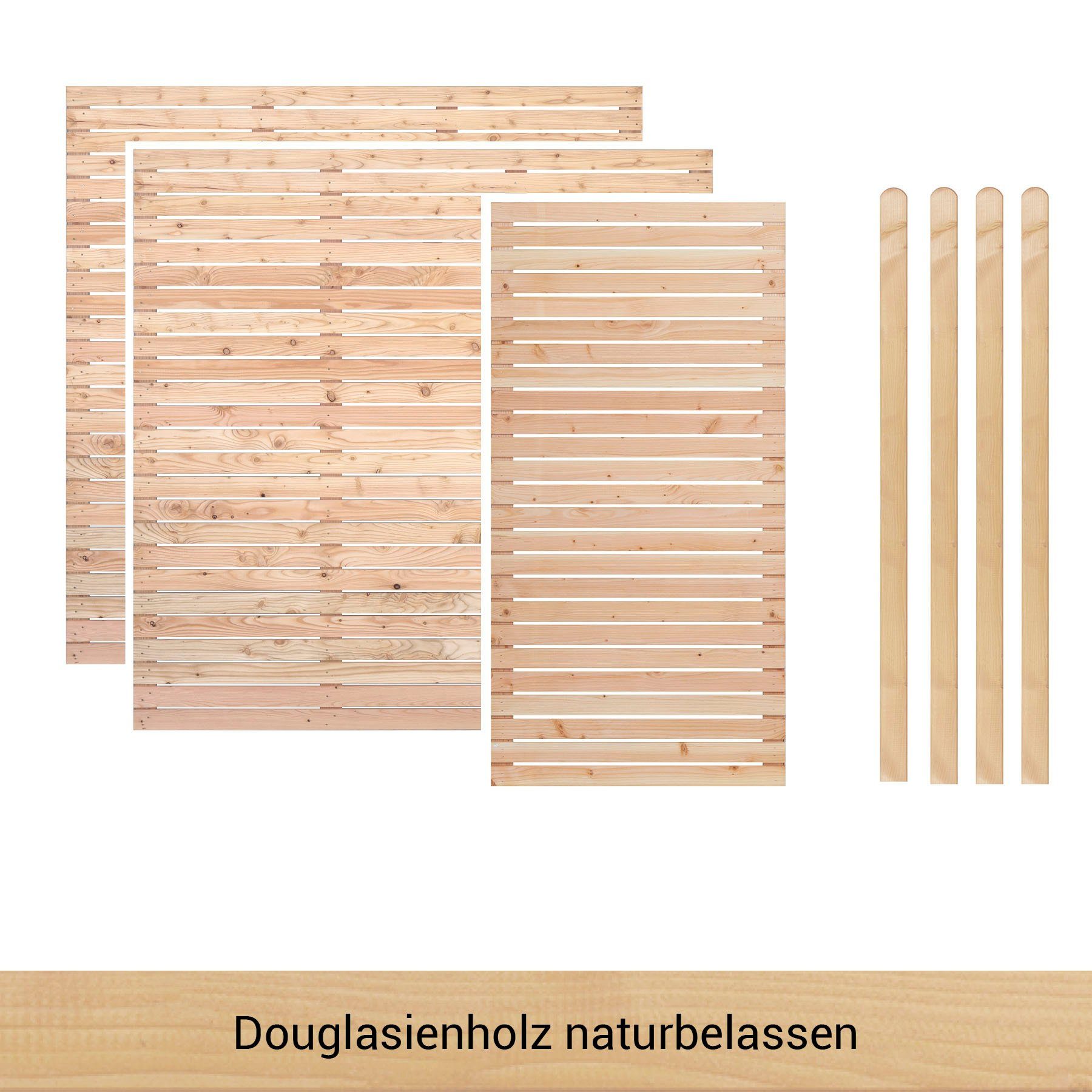BM Massivholz Zaun Kurt Set 2.1, (Set), 2 Elemente 180 x 180cm, 1 Element 90x180cm, 4 Pfosten, Länge 190cm