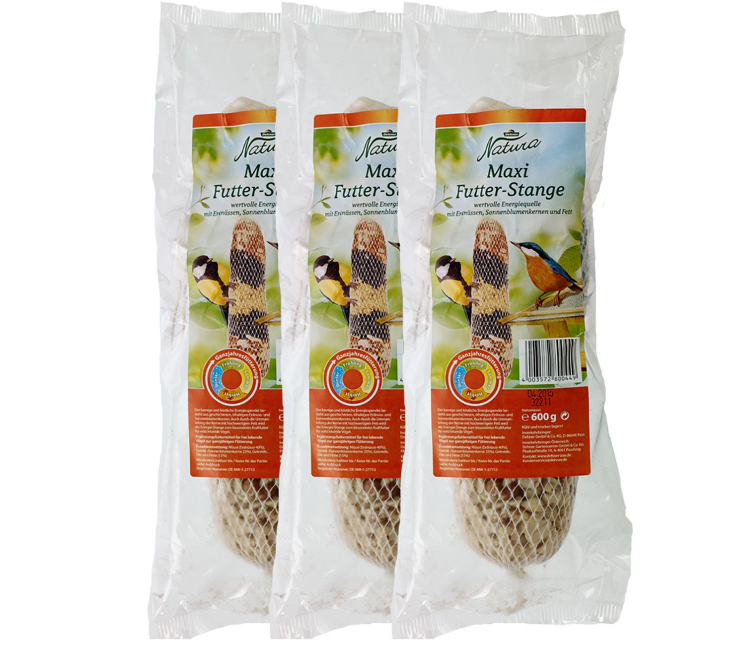 Dehner Natura Premium Maxi-Futterstange für Wildvögel, 3 x 600 g Erdnuss, Snack für: Wildvogel, Ergänzungsfutter mit Erdnüssen und Sonnenblumenkernen