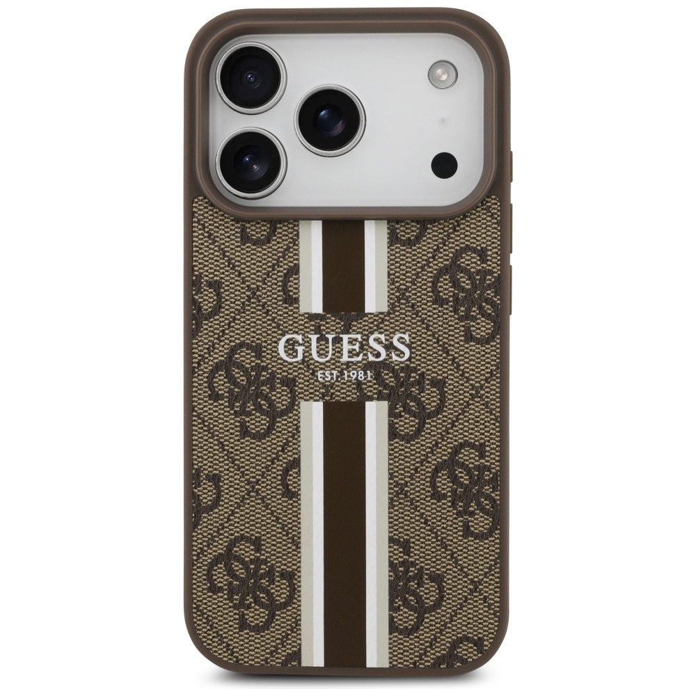 Guess Handyhülle Case iPhone 17 Pro MagSafe Kunstleder braun Logo Streifen 6,3 Zoll, Kantenschutz