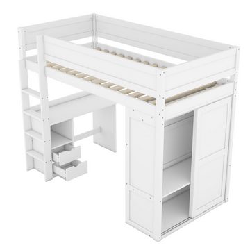 OKWISH Hochbett ausgestattet mit Kleiderschrank, Schreibtisch und Schubladen (vielseitiges Kinderbett, 90*200cm) ohne Matratze