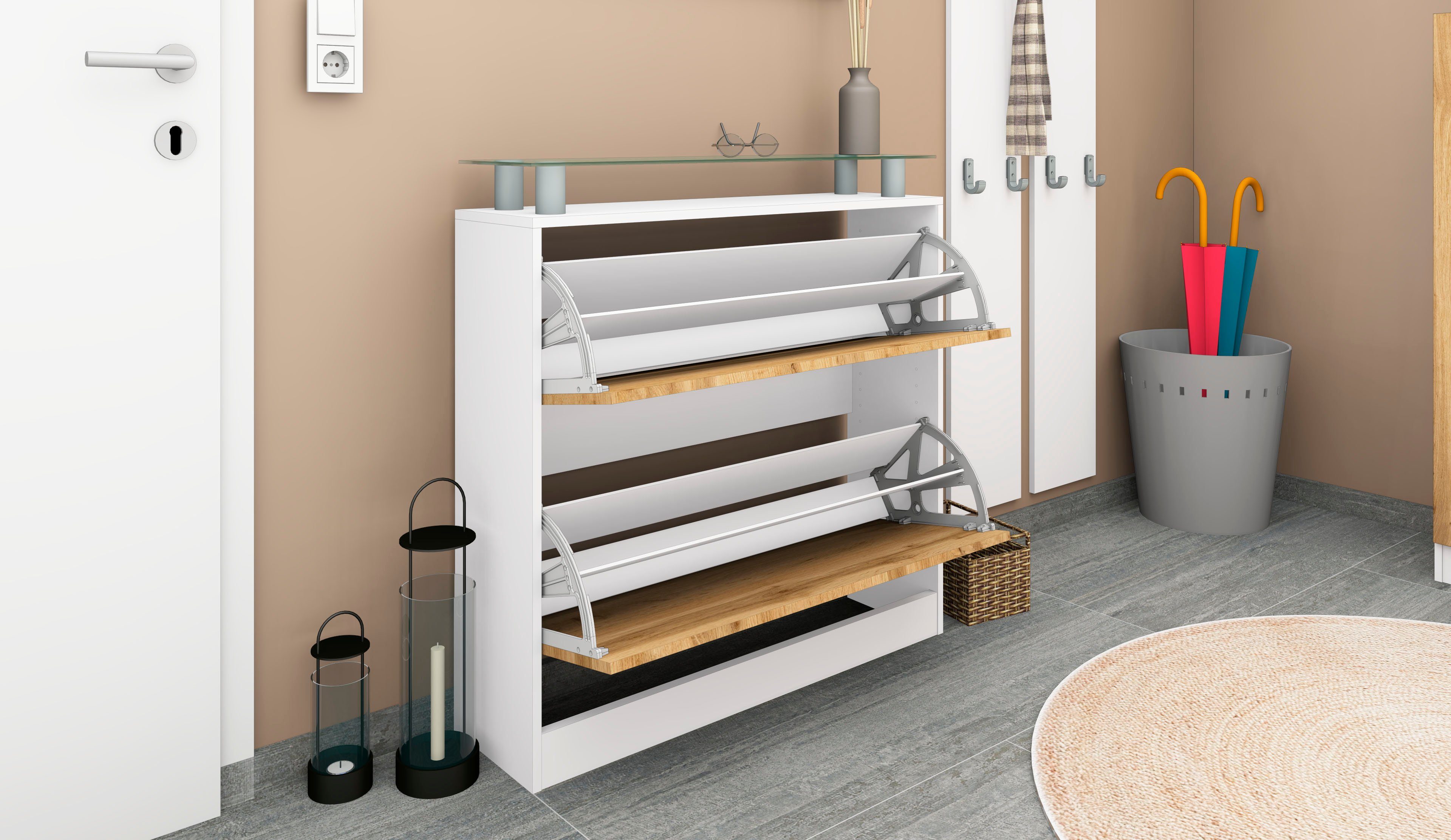 borchardt Möbel Schuhschrank Finn, Schuhregal, Schuhkipper für 12-16 Paar Schuhe Breite 89 cm, mit Glasablage