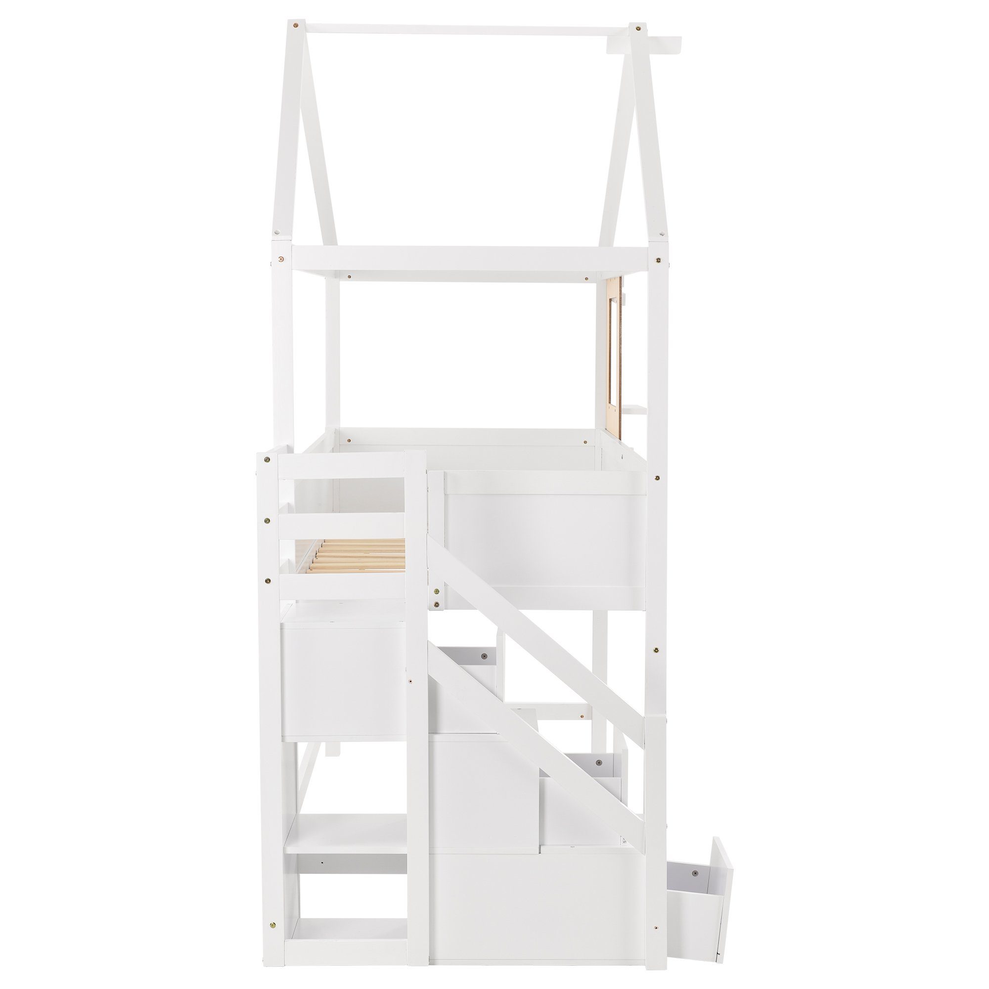 Hochbett (1-St) Kinderbett Etagenbett mit Lattenrost, Rausfallschutz und 3 Schubladen, Hausbett mit Treppe und Tafel, aus Kiefernholz