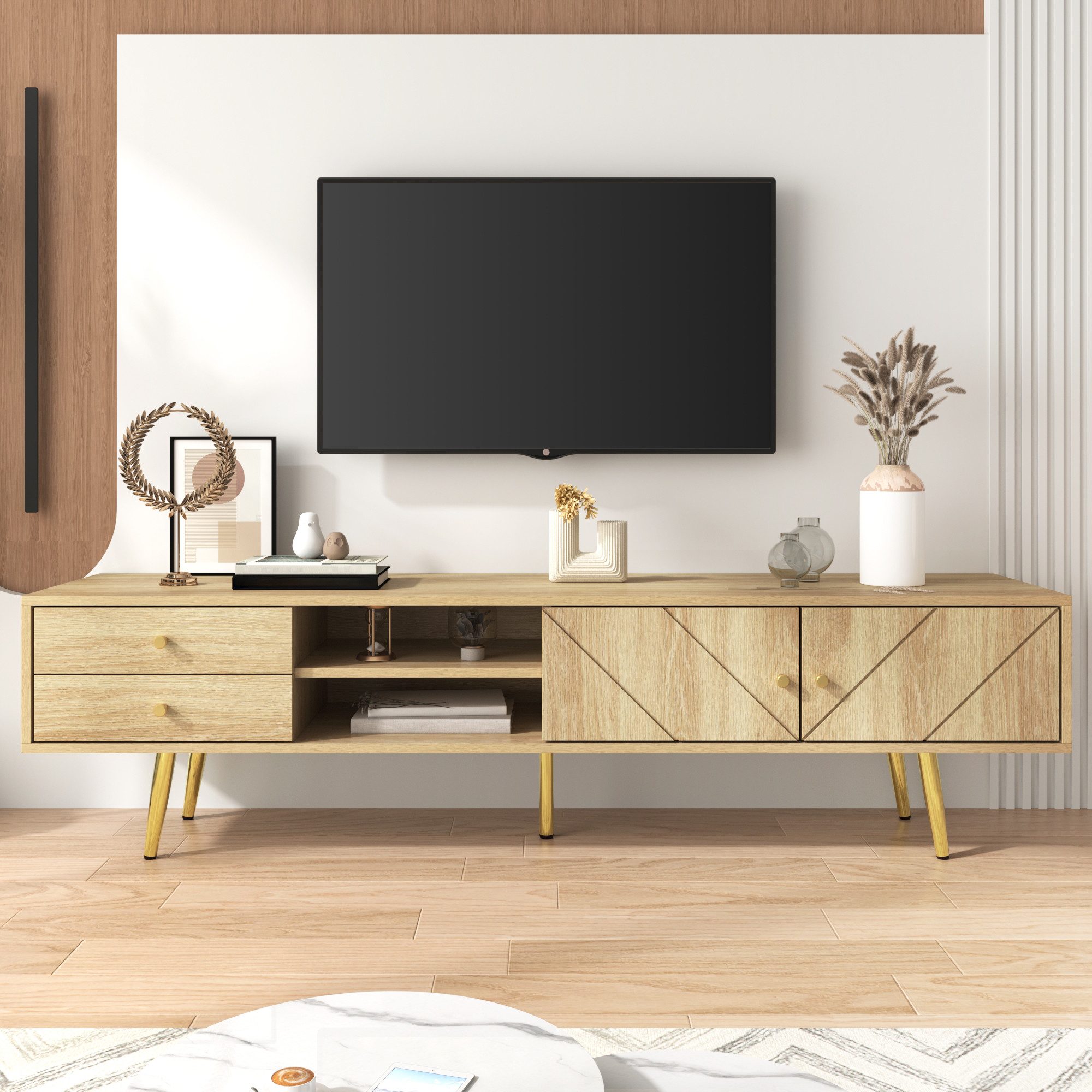 Simurq Lowboard TV Schrank Wohnzimmerschrank Holzoptik mit Goldfüßen (TV-Board 160 x 36 x 42 cm), Mit Zwei Schubladen und Türen