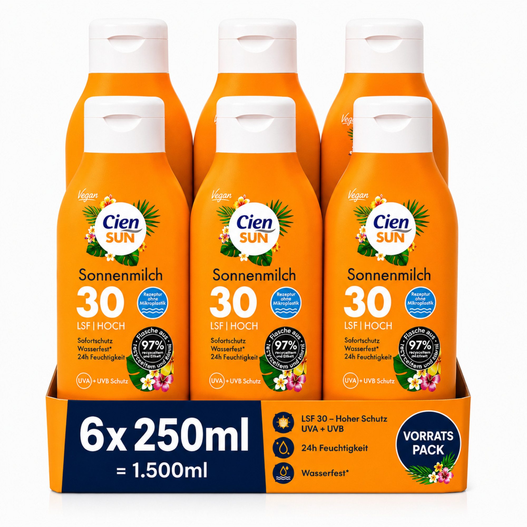 Cien Sonnenschutzmilch Sonnencreme LSF 30 6 × 250 ml Vorratspack, Spar-Set, 6-tlg., 6 × 250 ml mit LSF 30, wasserfest und vegan